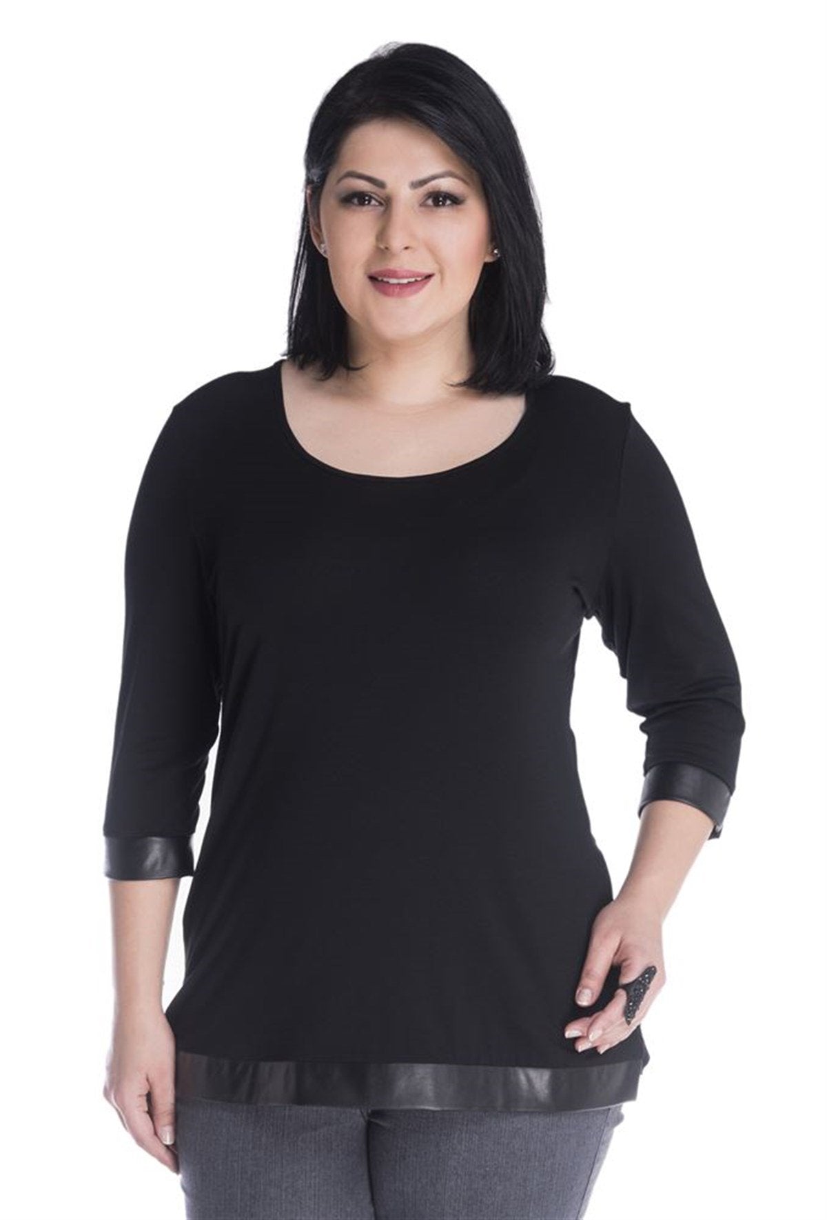 3/4 Kollu Deri Garnili Örme Tişört