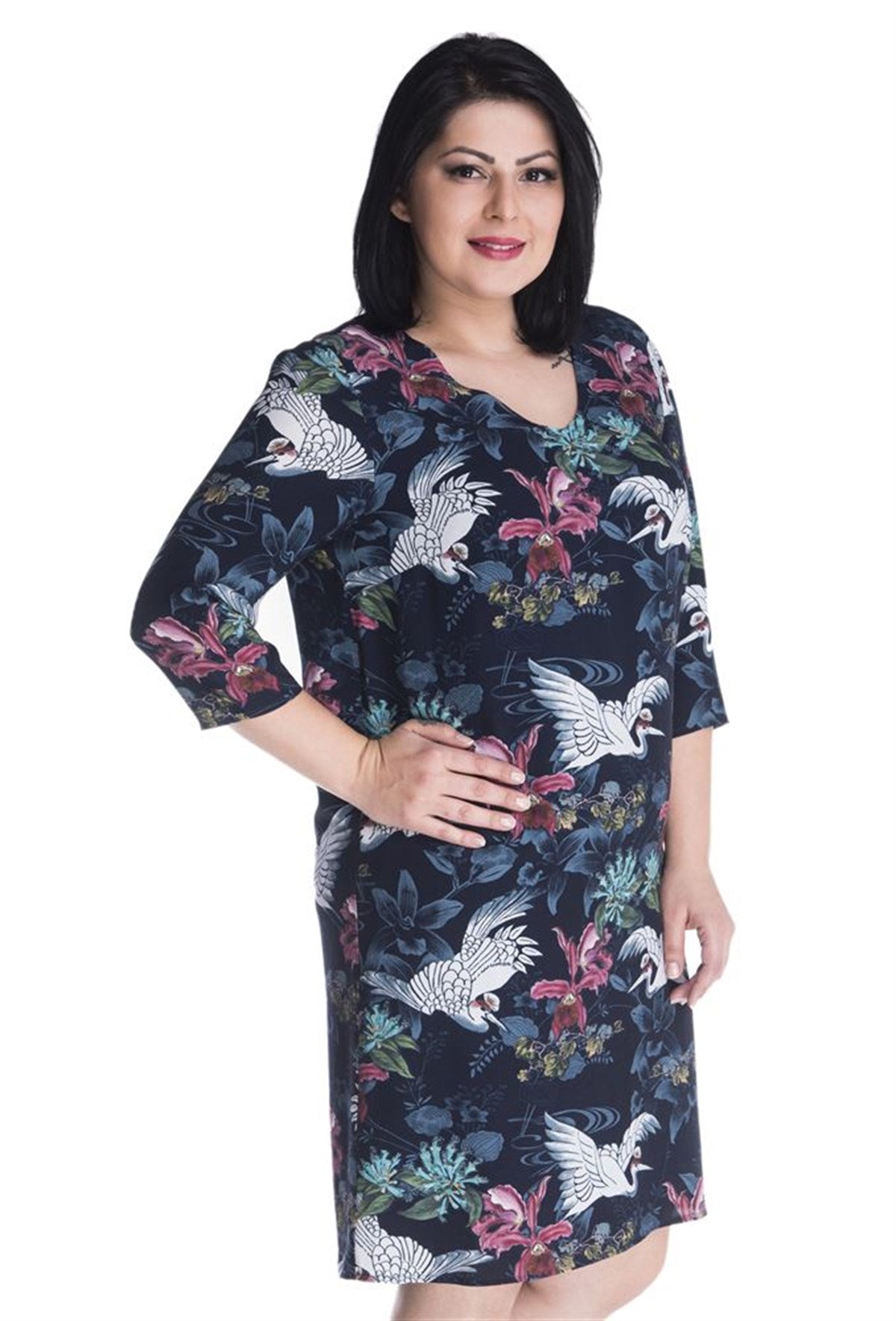 3/4 Kollu Desenli Astarlı Elbise