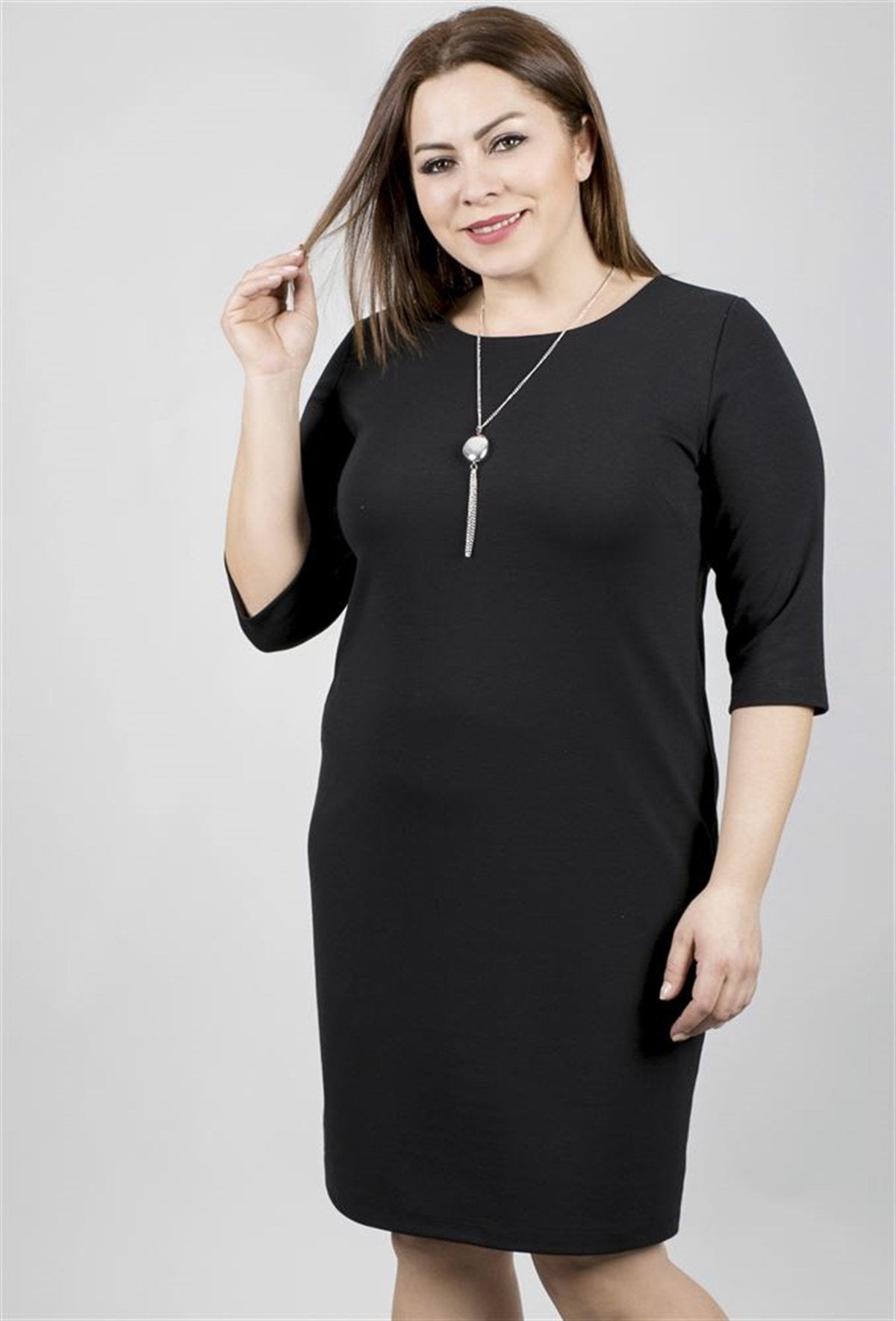 3/4 Kollu Düz Kesim Örme Punto Elbise