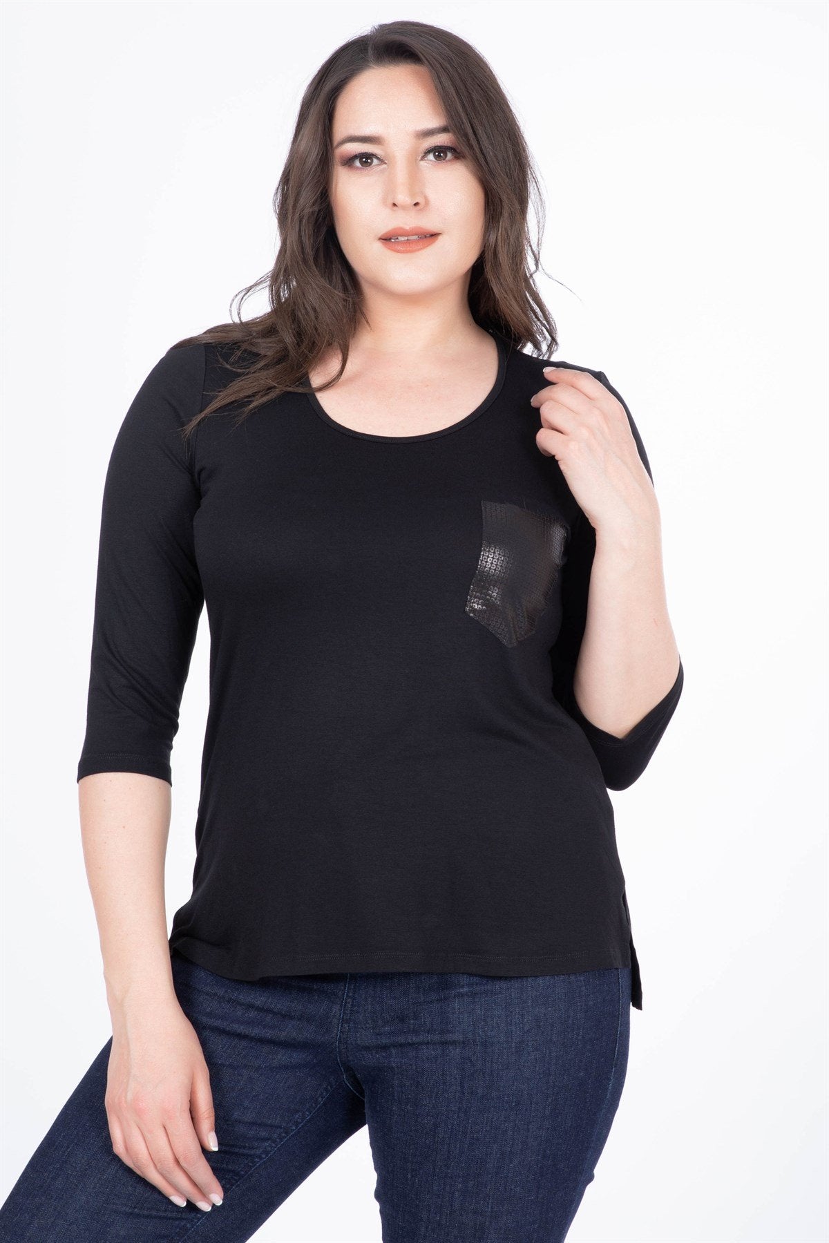 3/4 Kollu Parlak Cepli Tişört