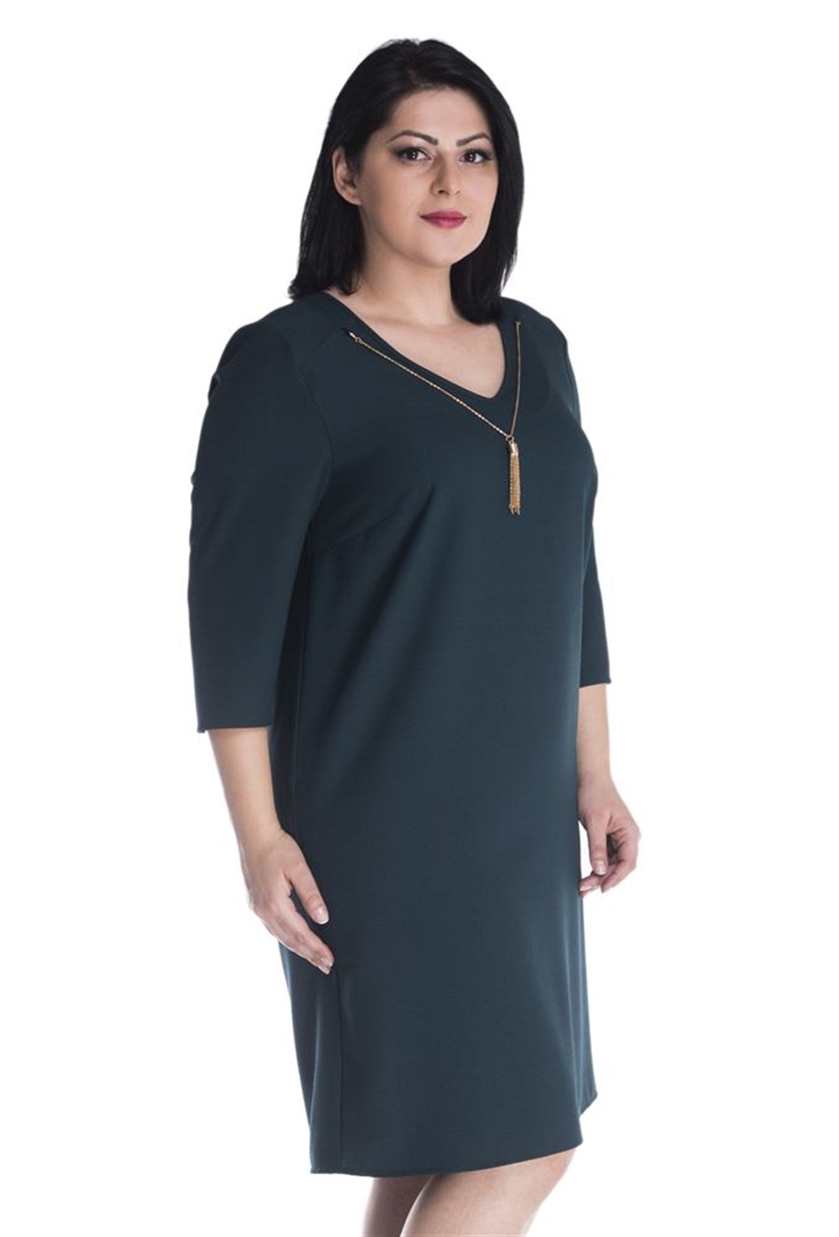 3/4 Kollu V Yakalı Kolyeli Elbise