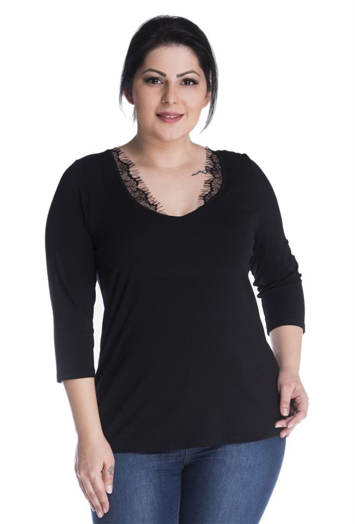 3/4 Kollu V Yakalı Penye Bluz