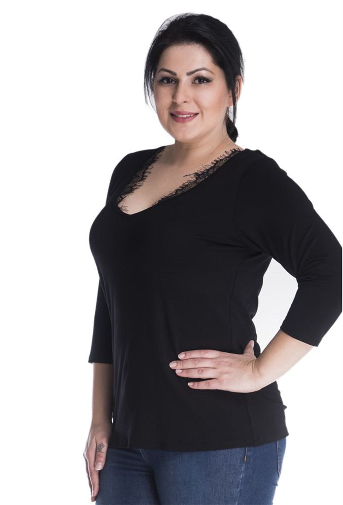 3/4 Kollu V Yakalı Penye Bluz