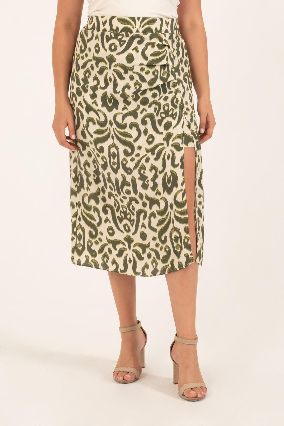 Arka Beli Lastikli Büzgülü Midi Etek