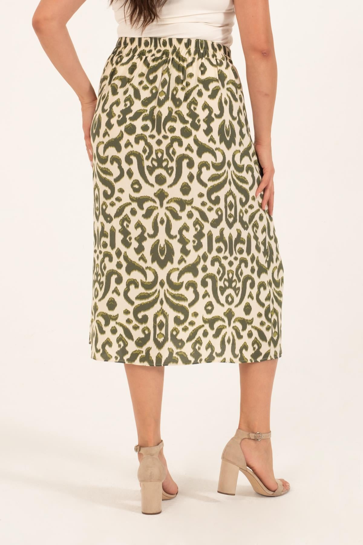 Arka Beli Lastikli Büzgülü Midi Etek