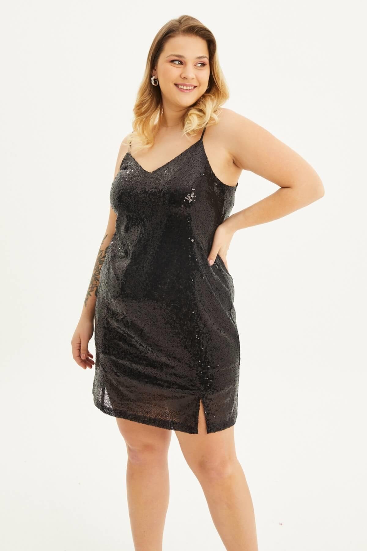 Astarlı Payetli İp Askılı Yırtmaçlı Elbise