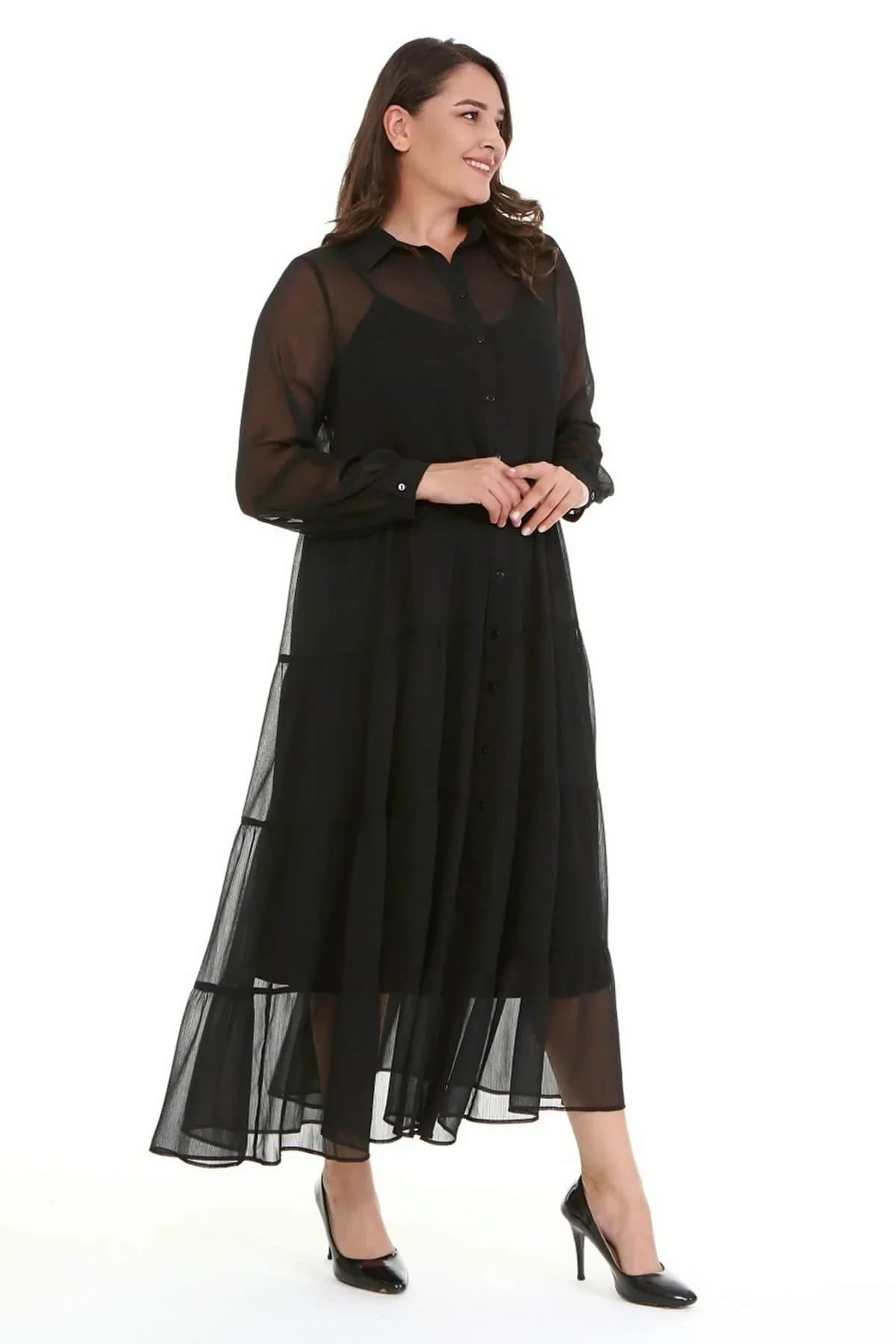 Astarlı Şifon Katlı Uzun Elbise