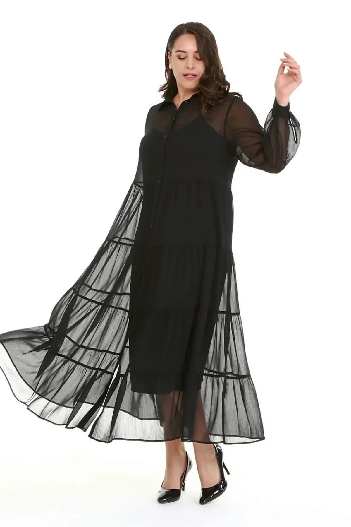 Astarlı Şifon Katlı Uzun Elbise