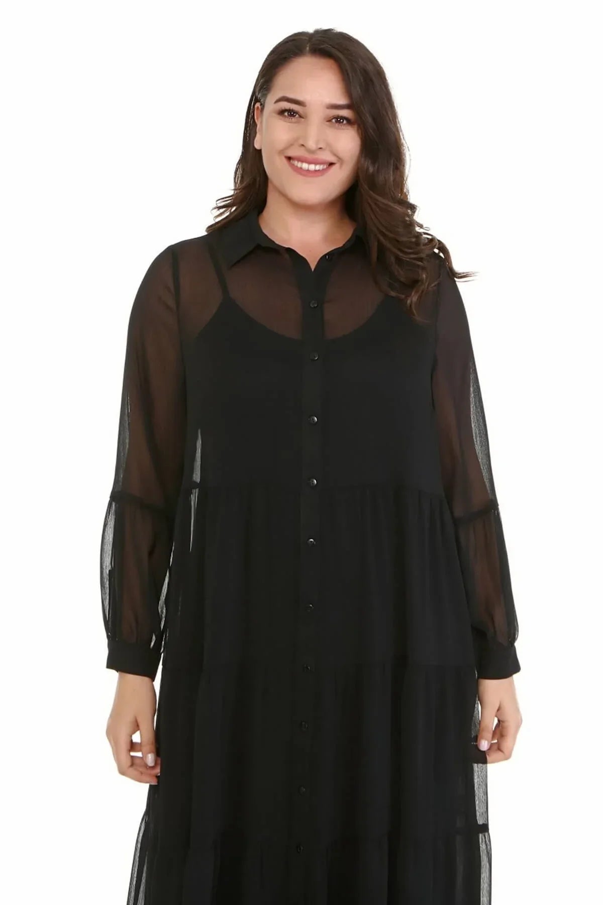 Astarlı Şifon Katlı Uzun Elbise