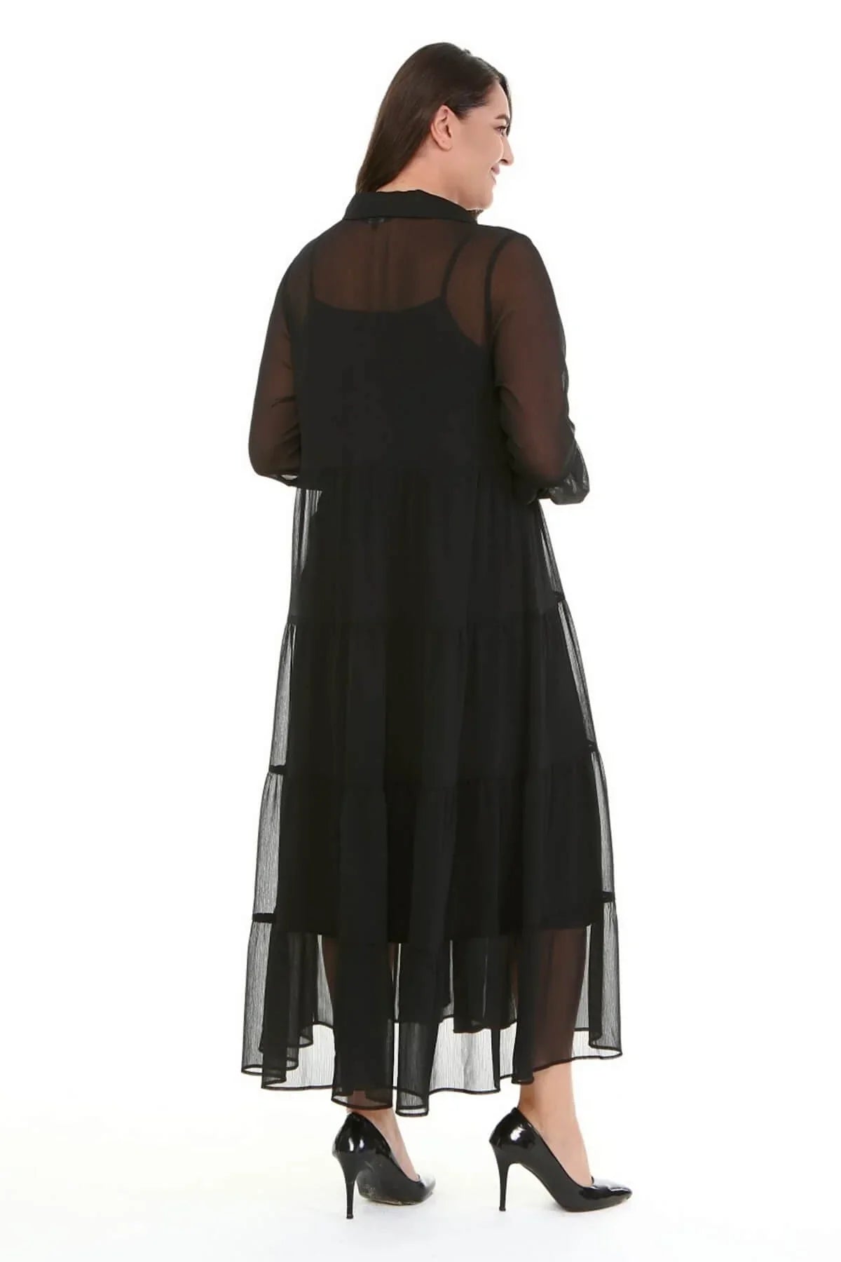 Astarlı Şifon Katlı Uzun Elbise