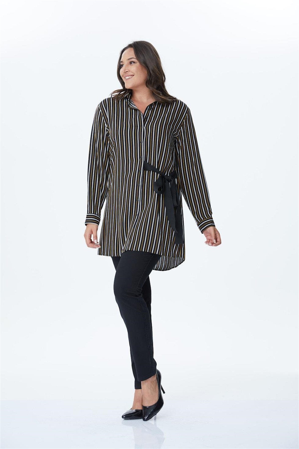 Bağlama Detaylı Çizgili Uzun Gömlek