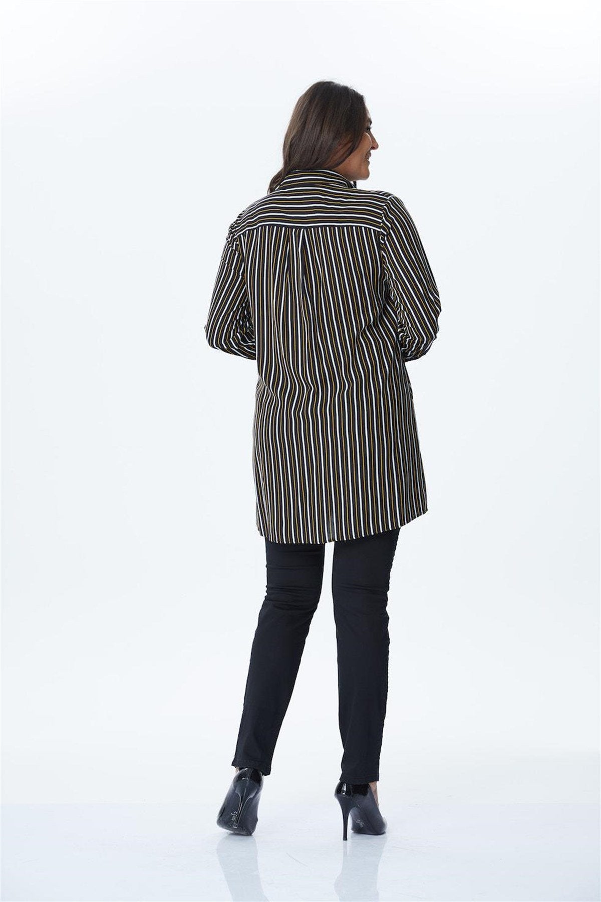 Bağlama Detaylı Çizgili Uzun Gömlek