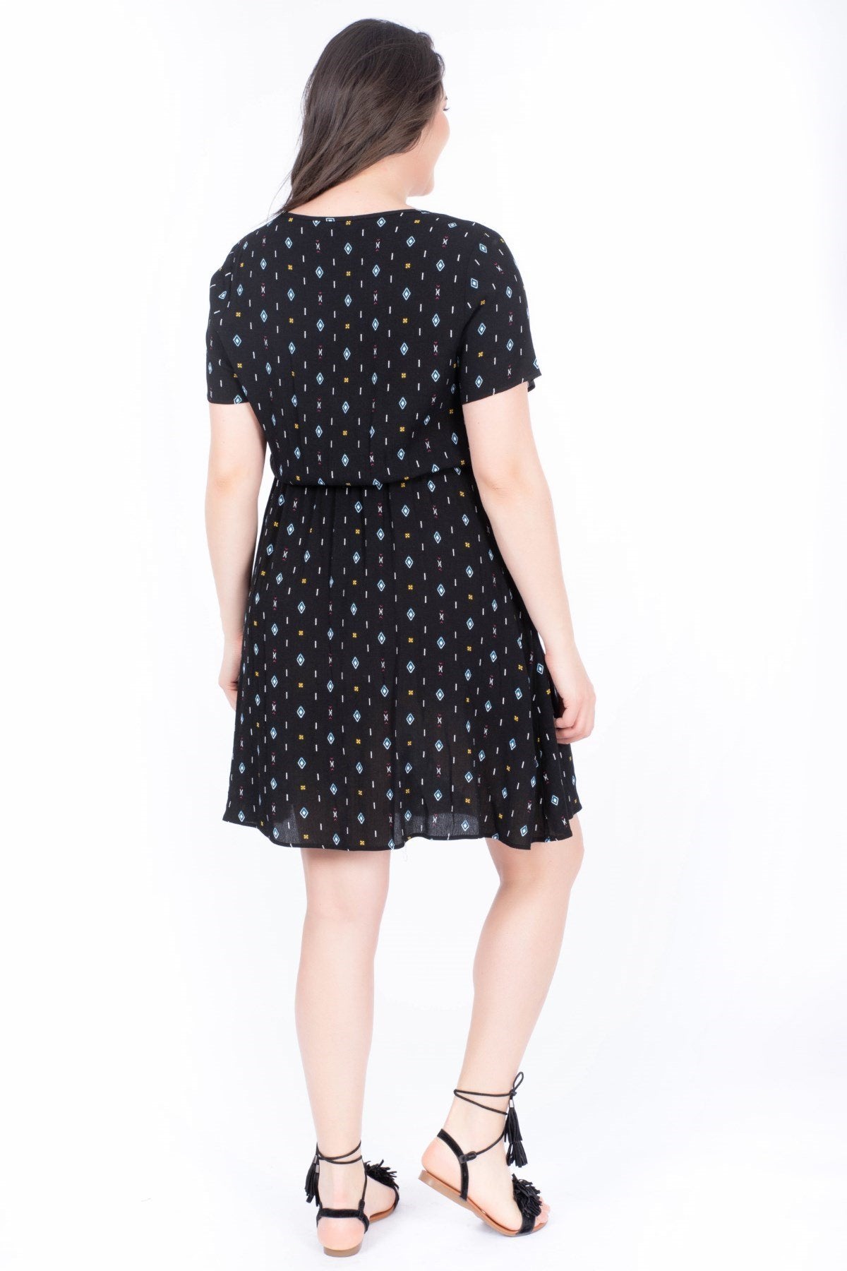 Belden Lastikli Desenli Elbise