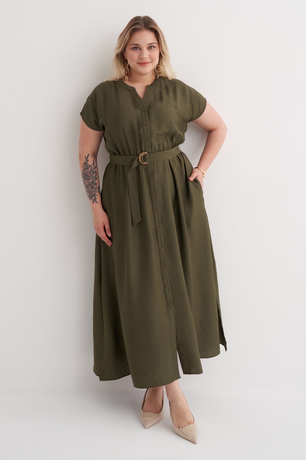 Beli Lastikli Cepli Kemer Detaylı Elbise