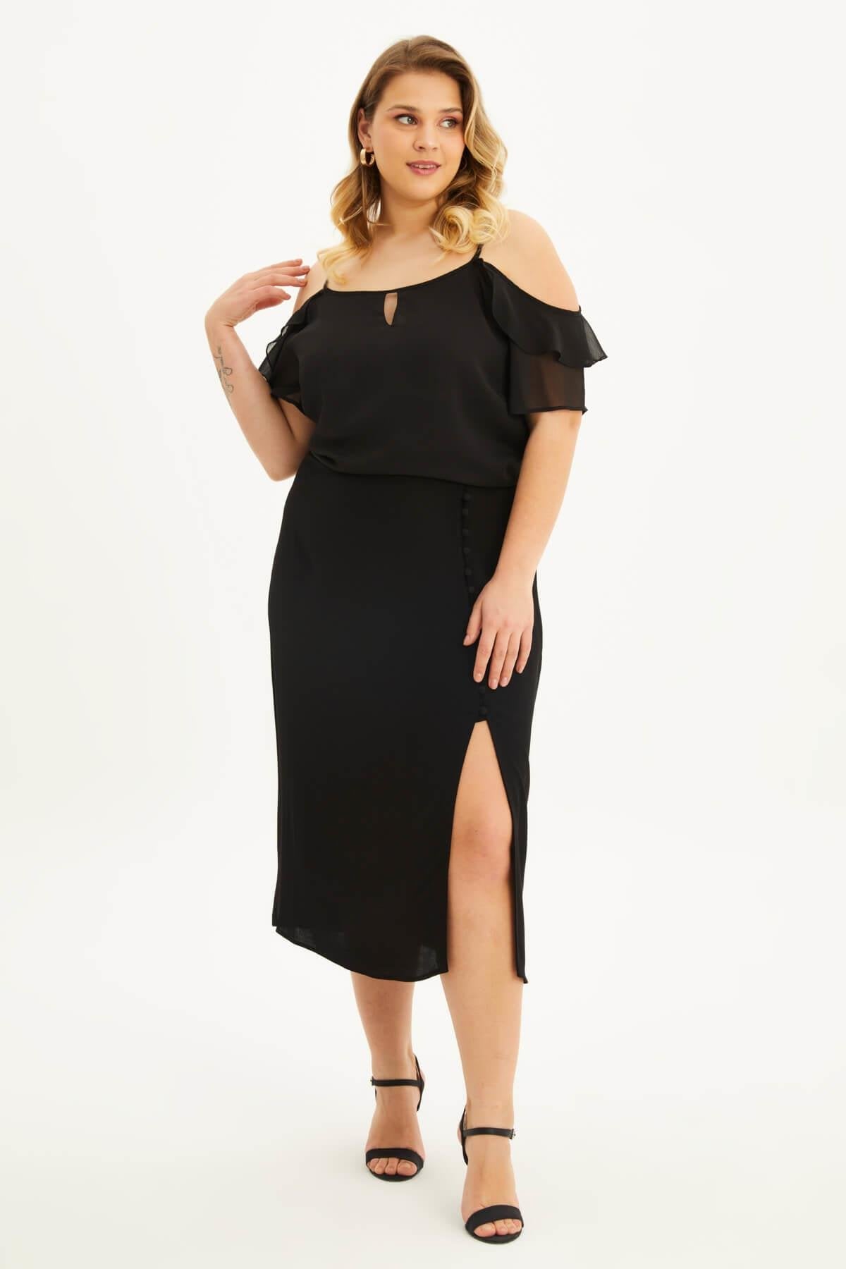 Beli Lastikli Düğmeli Midi Etek