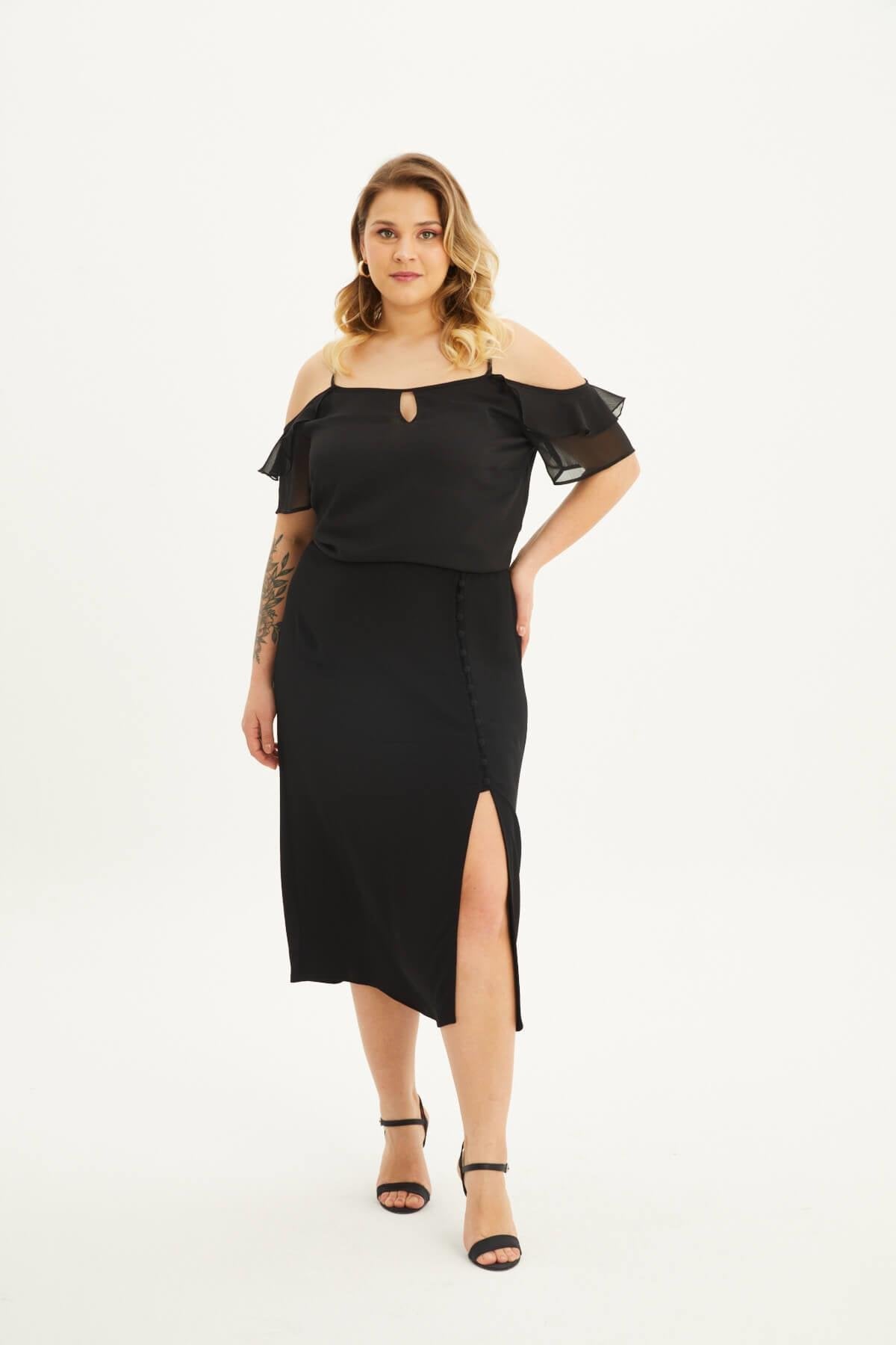 Beli Lastikli Düğmeli Midi Etek