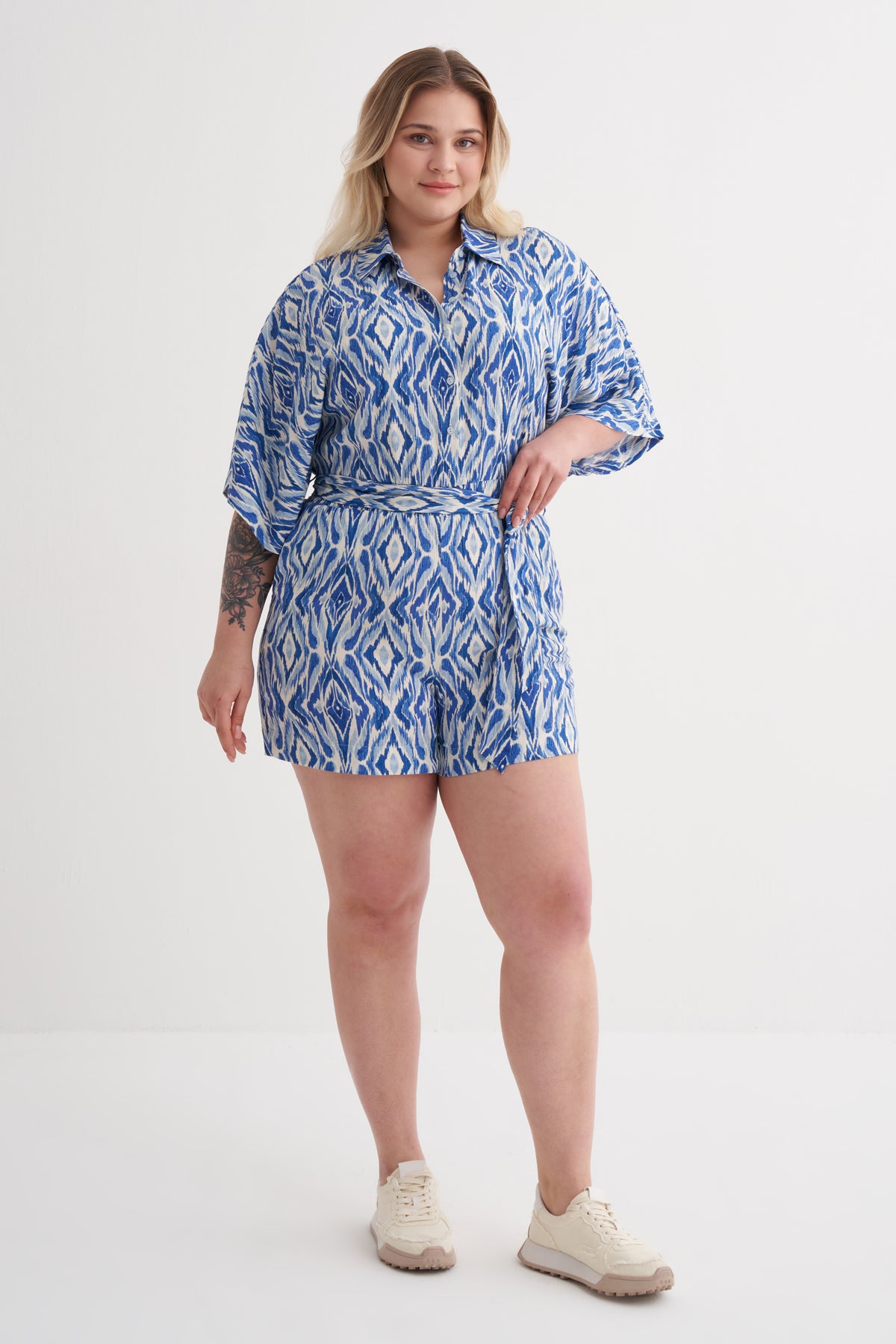 Beli Lastikli Kuşaklı Kısa Tulum