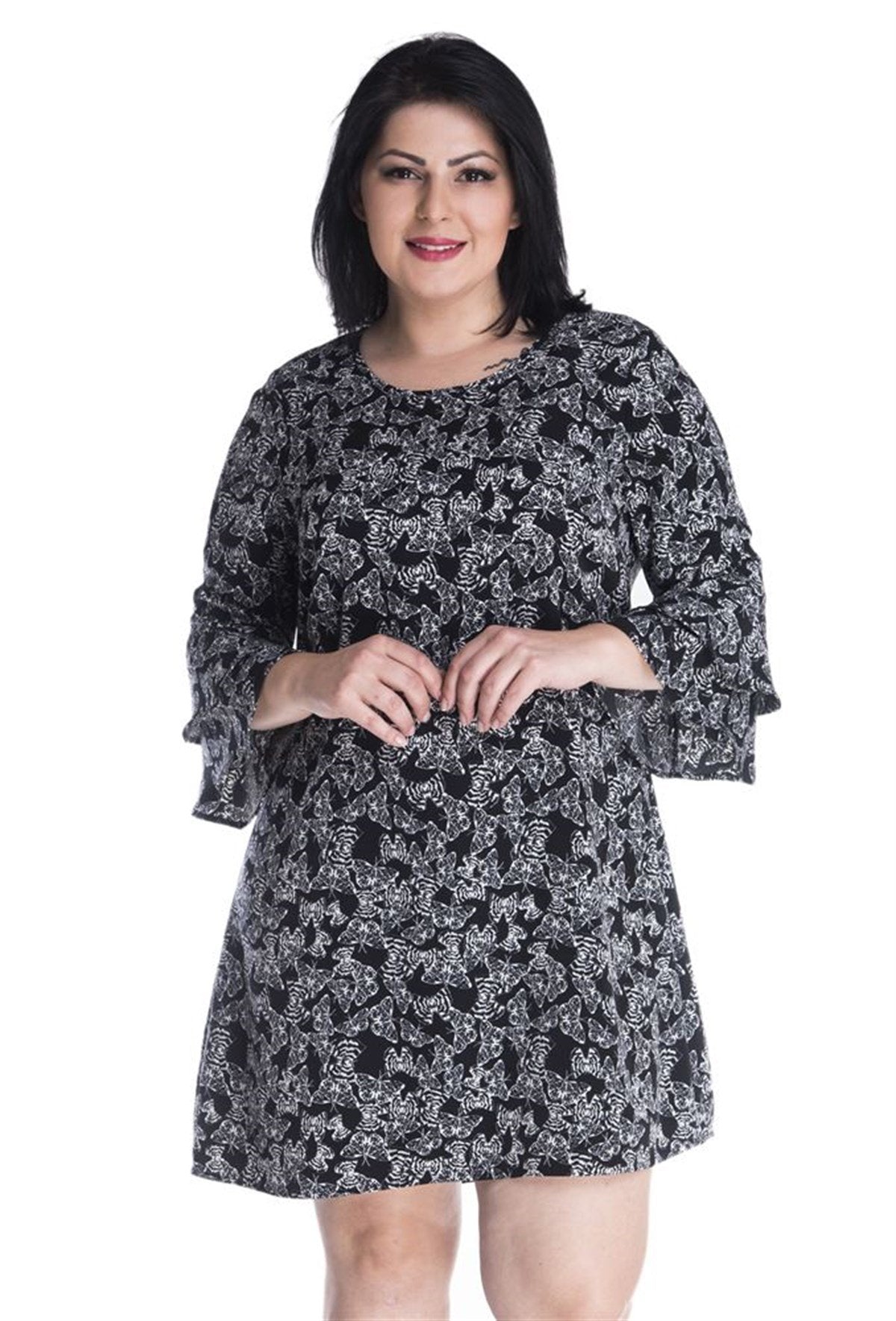 Desenli Kolları Volanlı Elbise