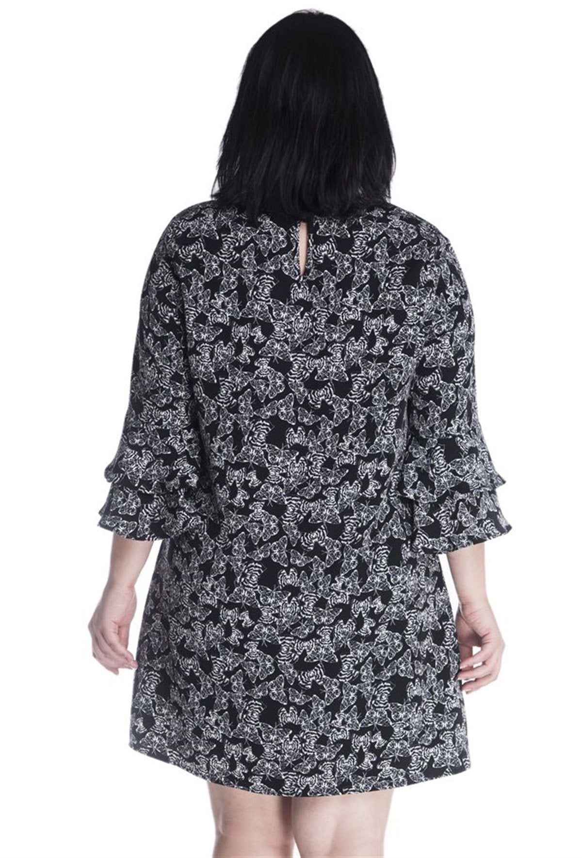 Desenli Kolları Volanlı Elbise