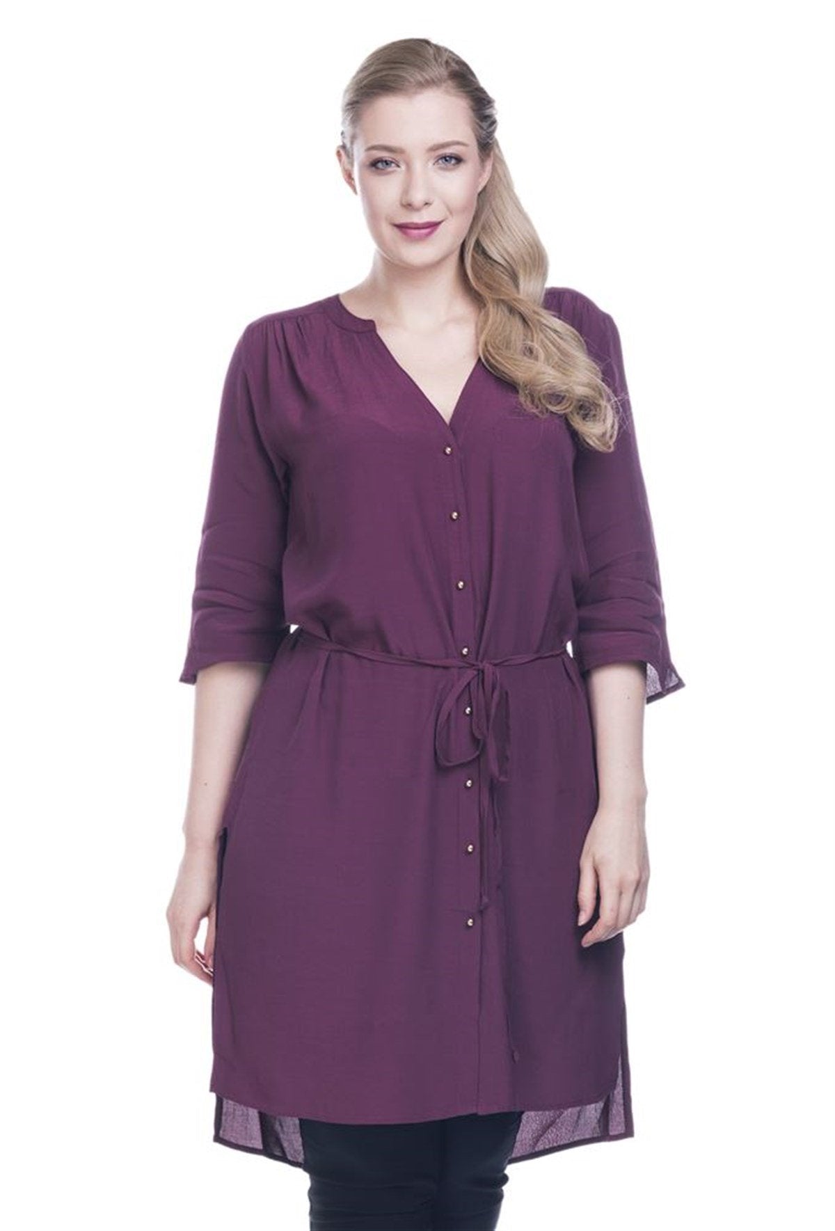 Düğmeli Beli Kuşaklı Tunik