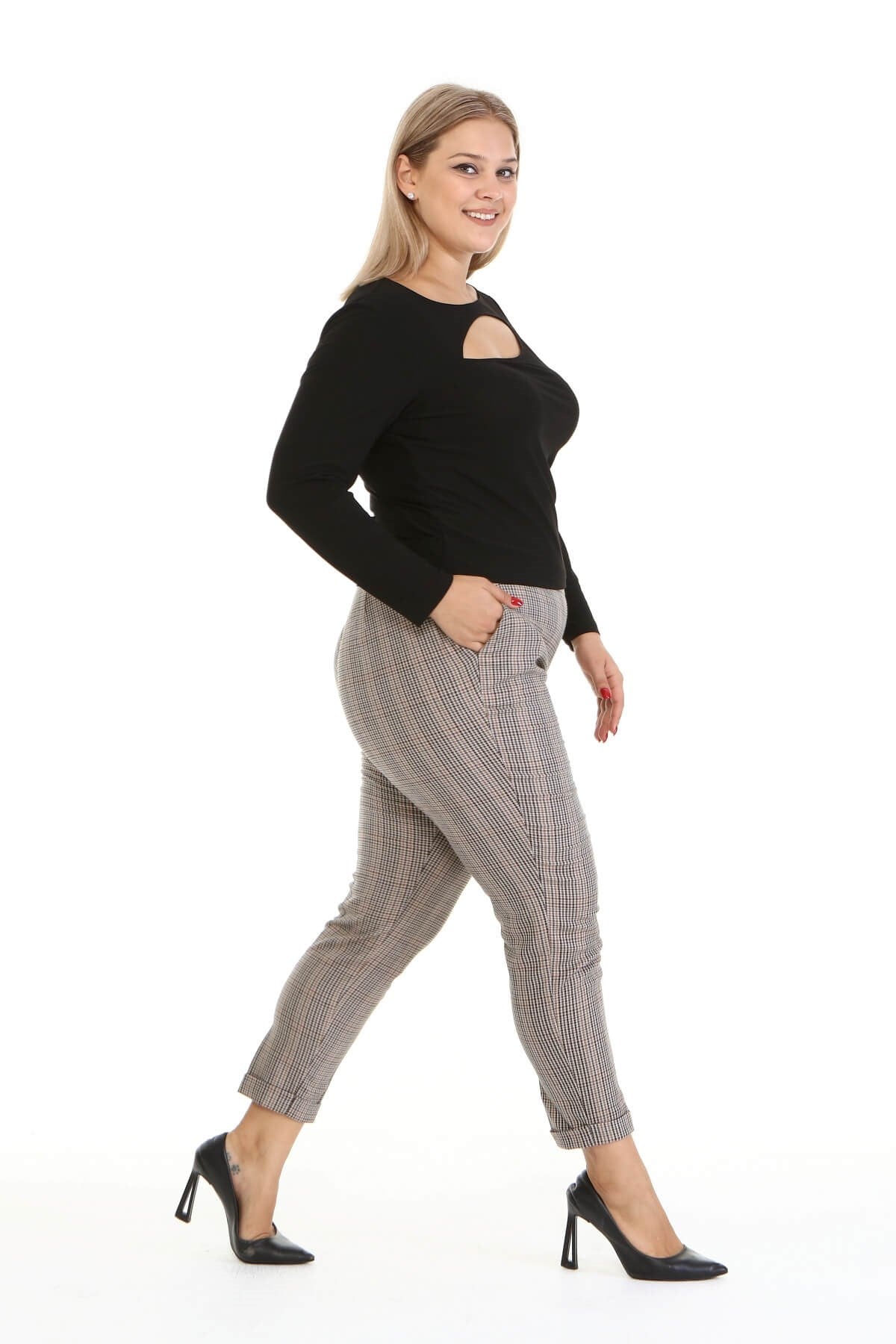 Ekose Arka Beli Lastikli Pantolon