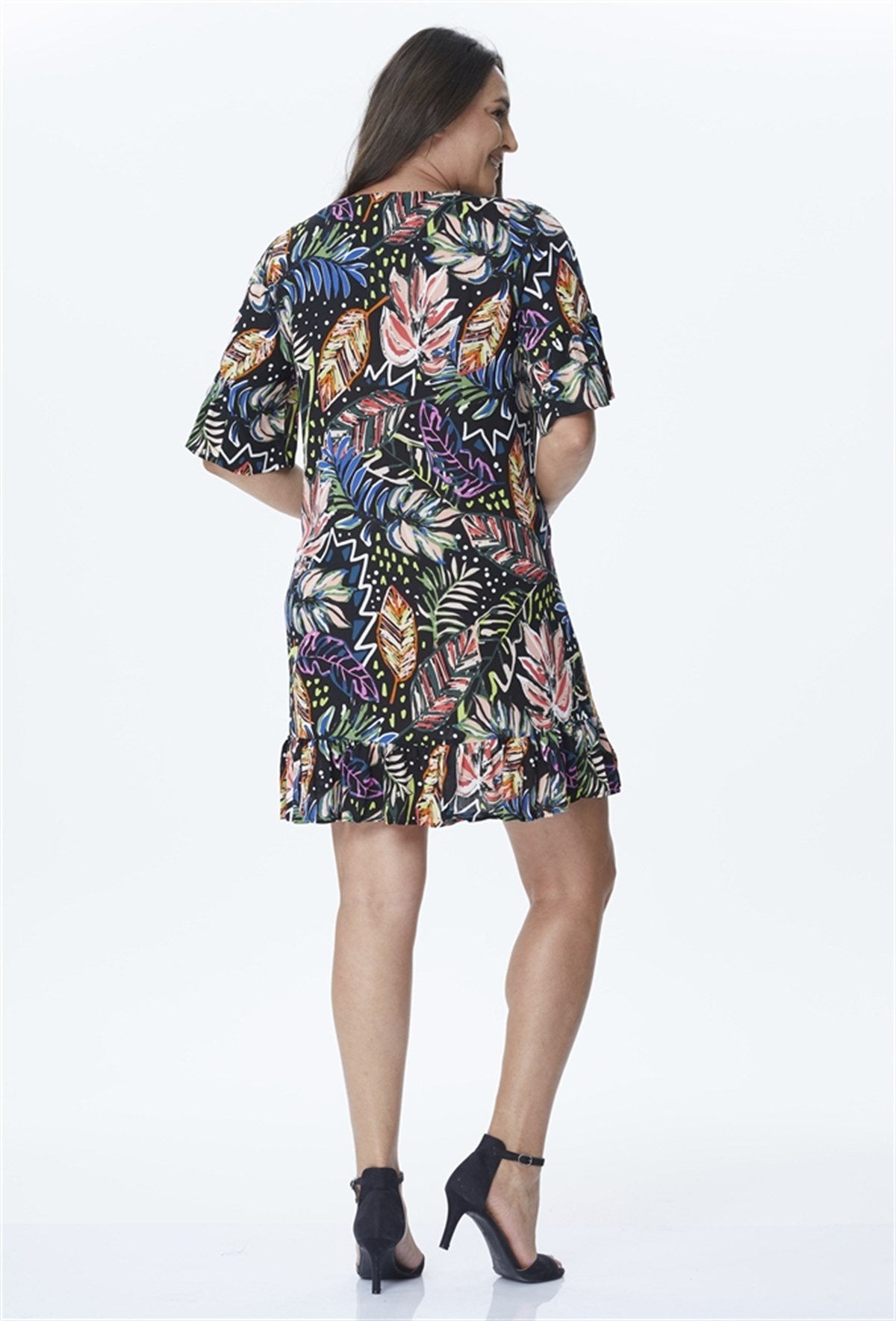 Eteği ve Kolları Fırfırlı Desenli Elbise