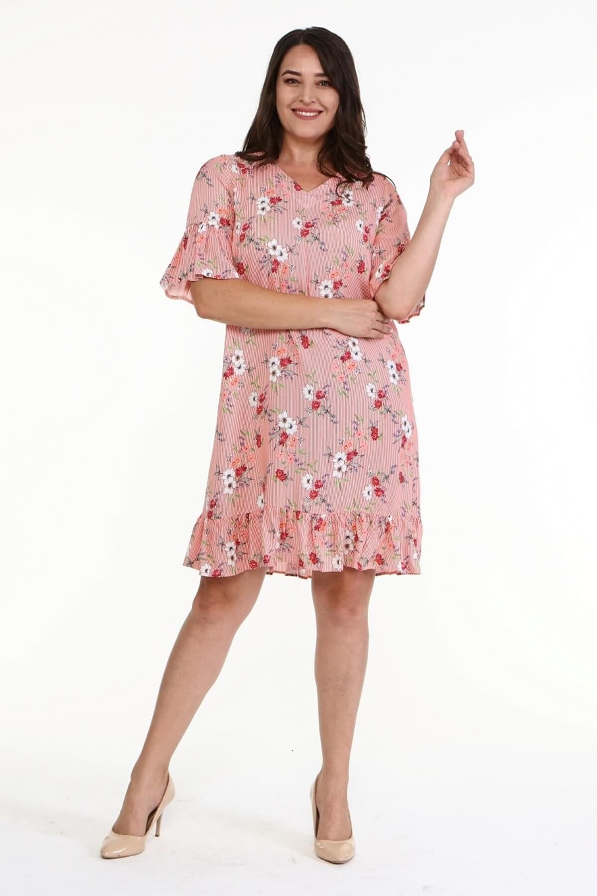 Eteği ve Kolları Fırfırlı Desenli Elbise