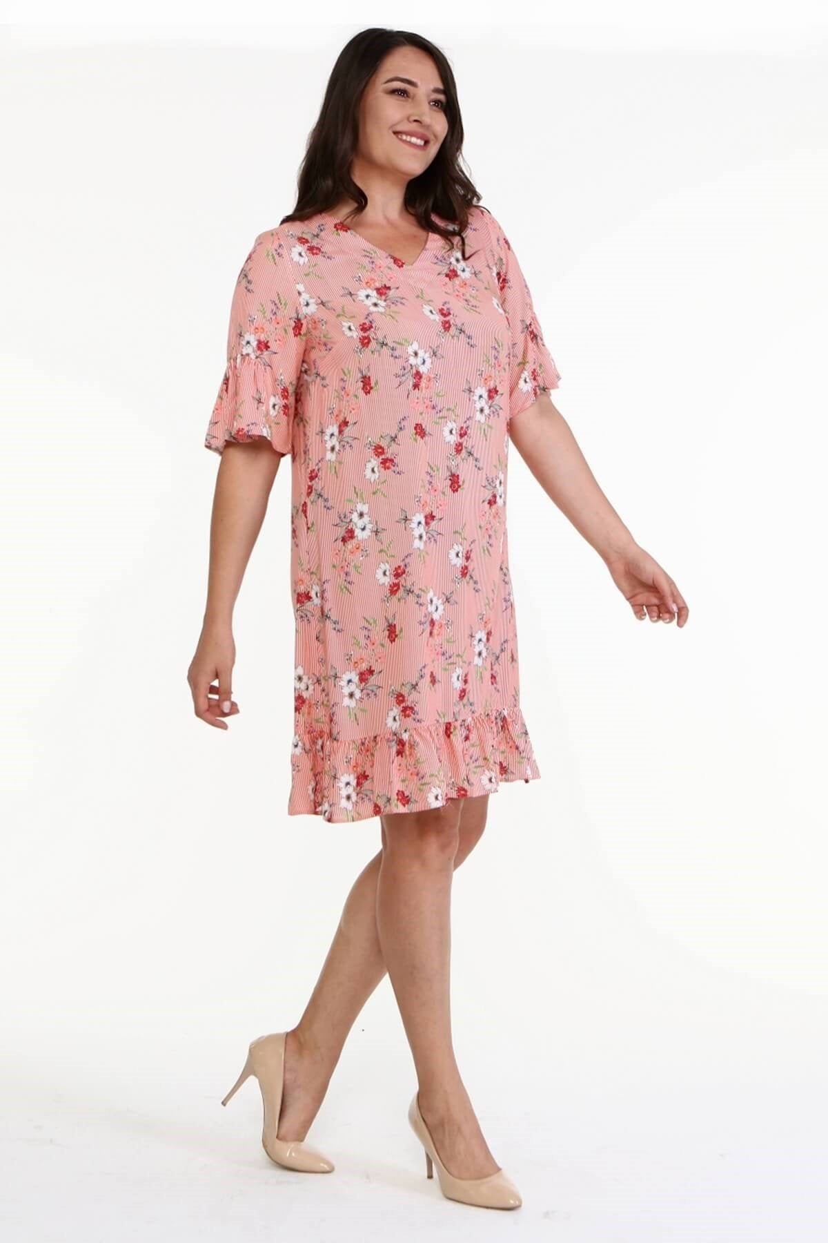 Eteği ve Kolları Fırfırlı Desenli Elbise