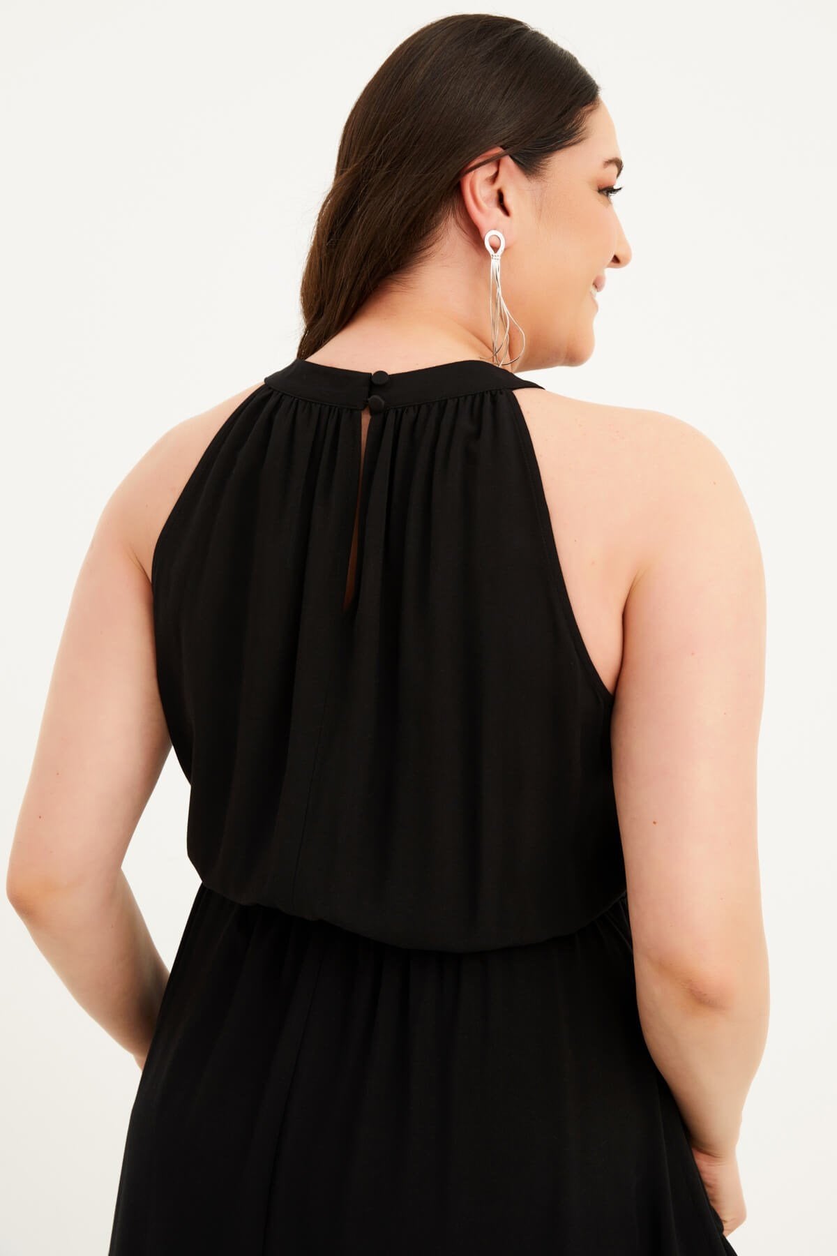 Halter Yaka Kuşaklı Uzun Elbise