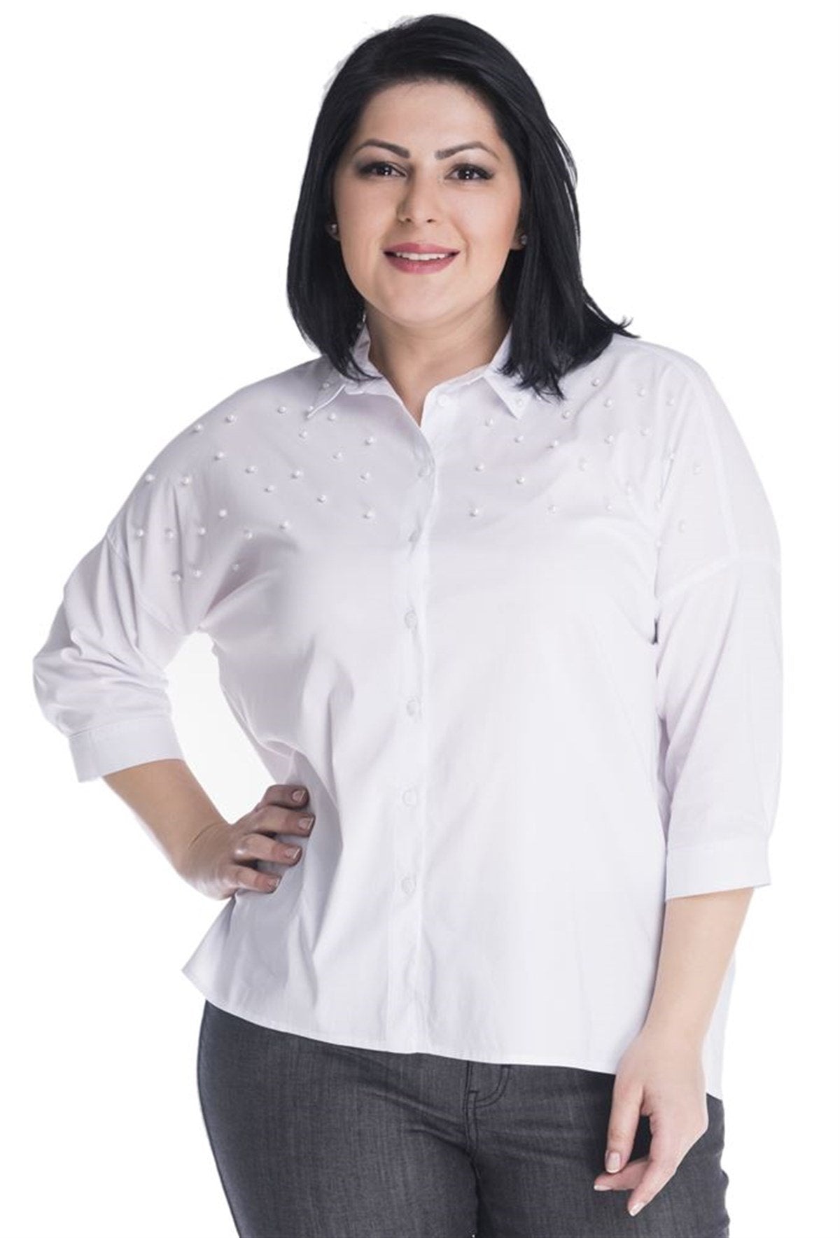 İnci Detaylı 3/4 Kollu Gömlek