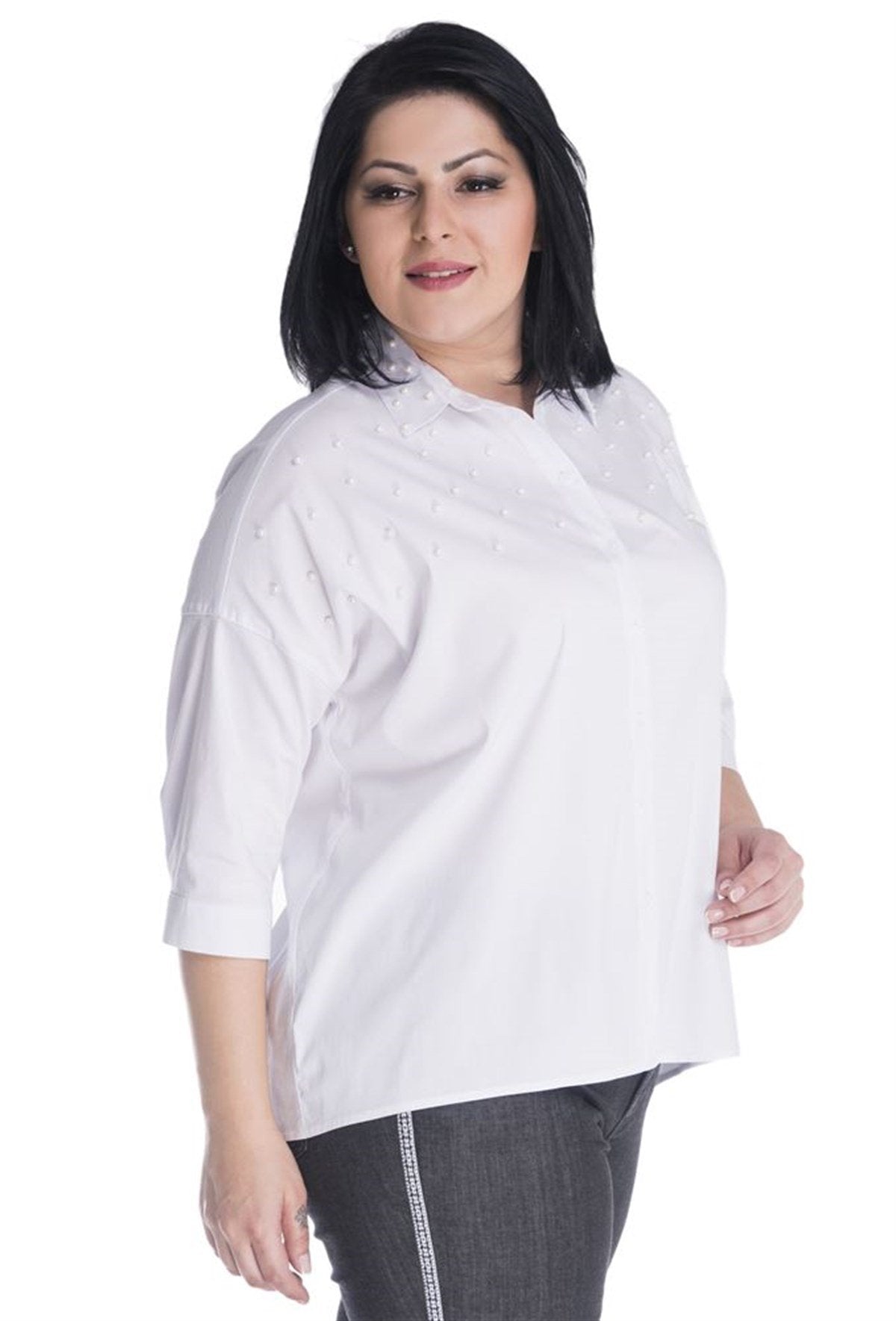 İnci Detaylı 3/4 Kollu Gömlek