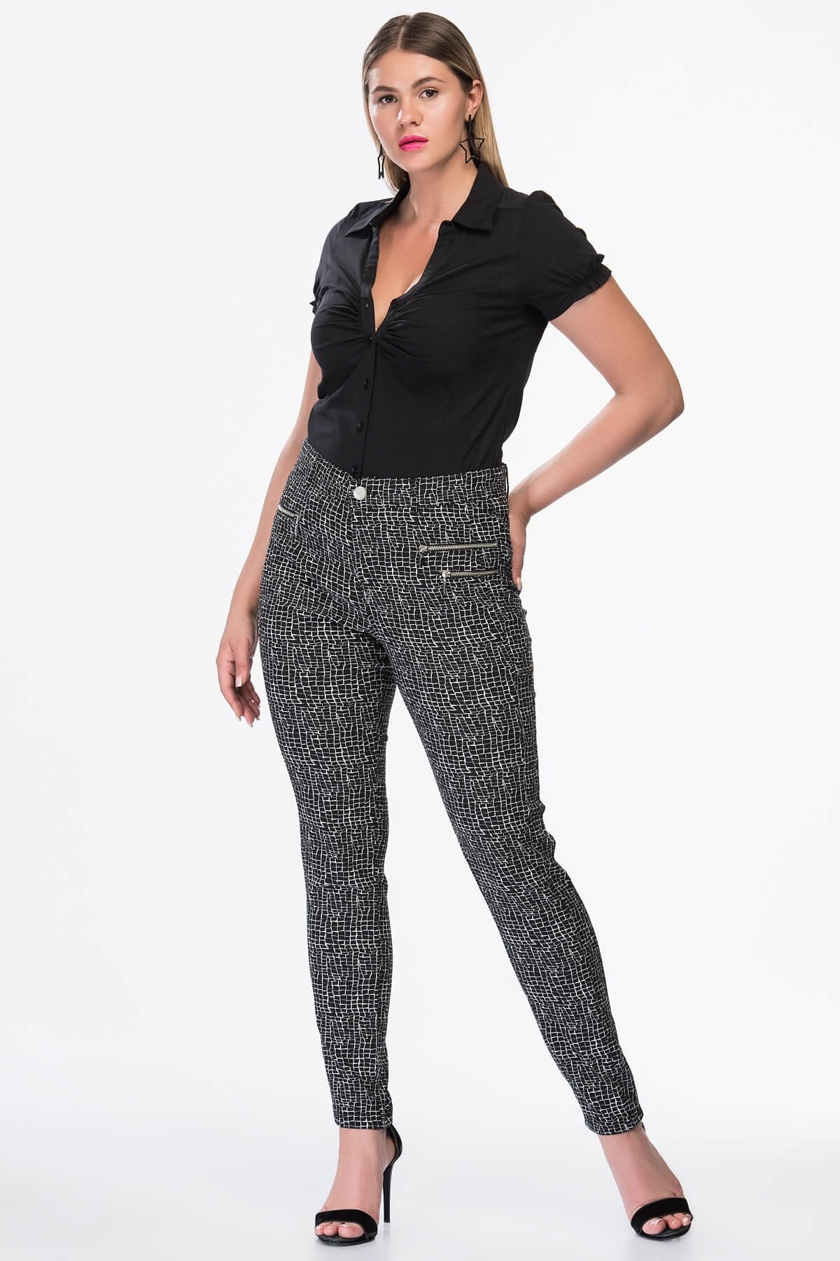 Jakarlı Fermuar Detaylı Strech Pantolon