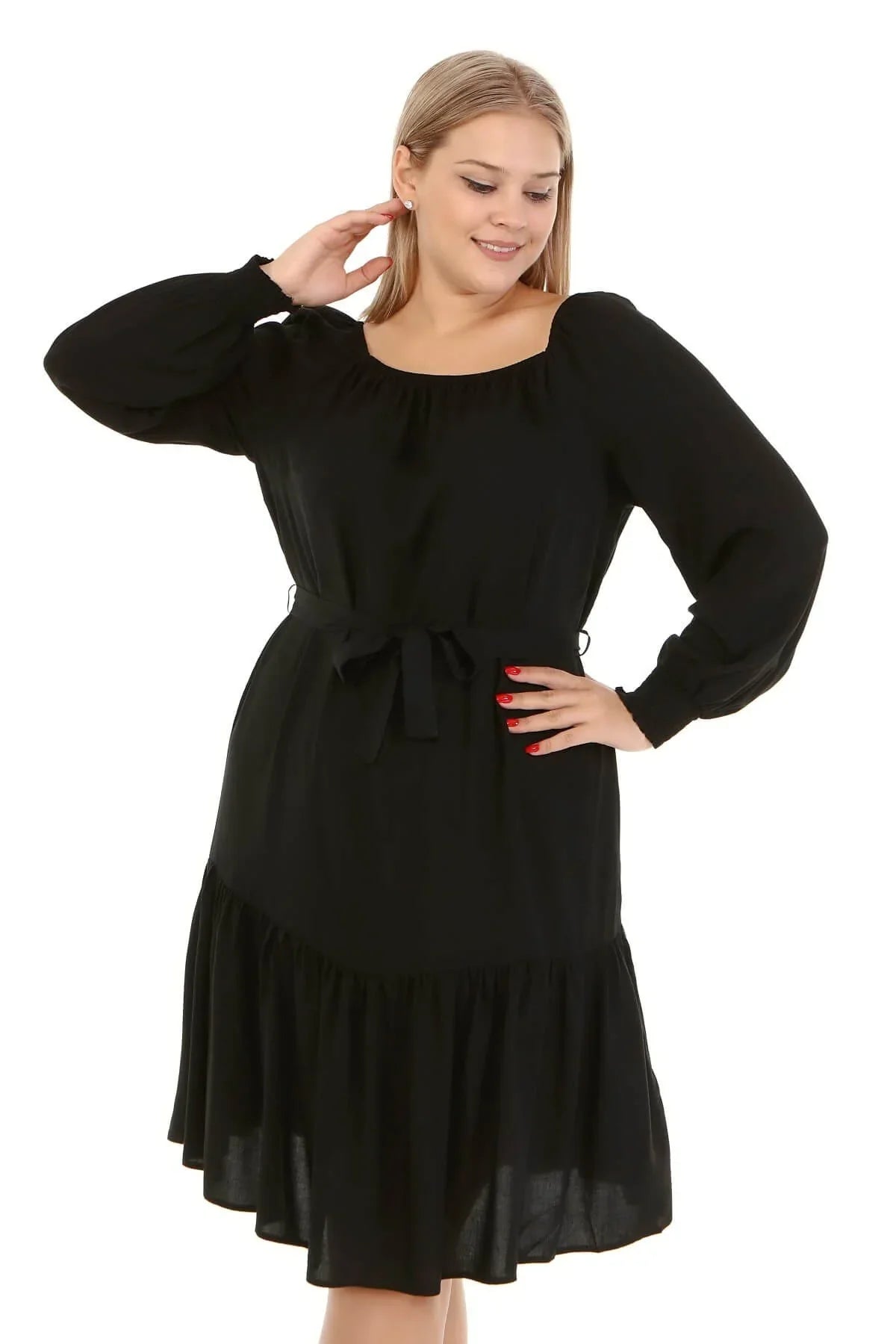 Kare Yaka Fırfır Detaylı Elbise