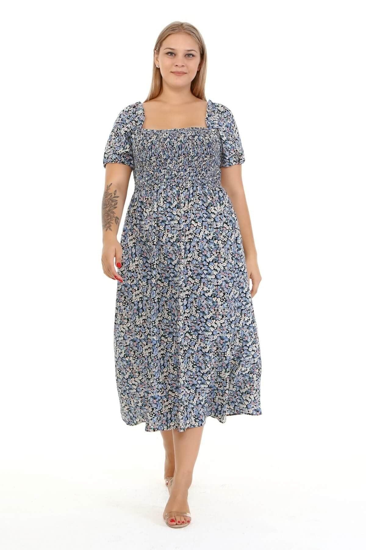 Kare Yaka Gipe Detaylı Elbise