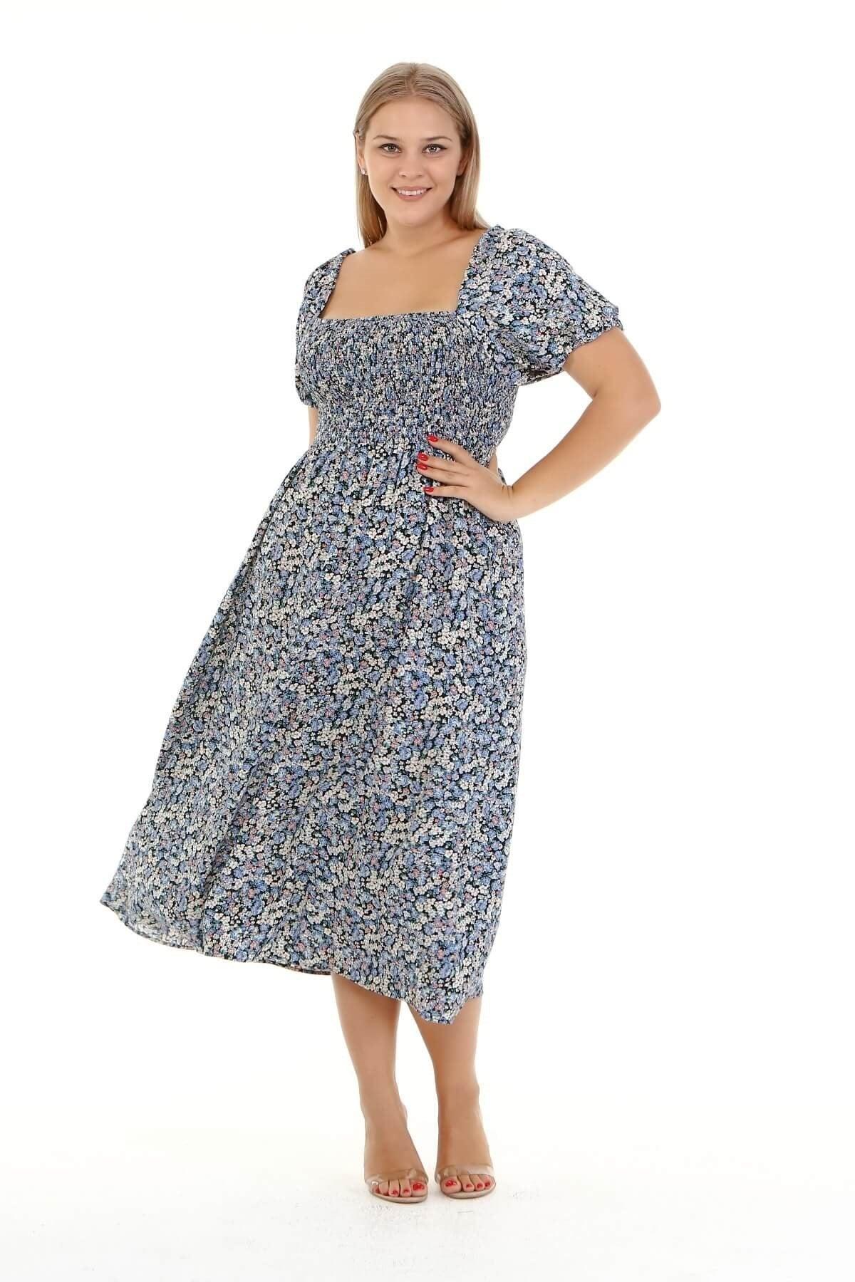 Kare Yaka Gipe Detaylı Elbise