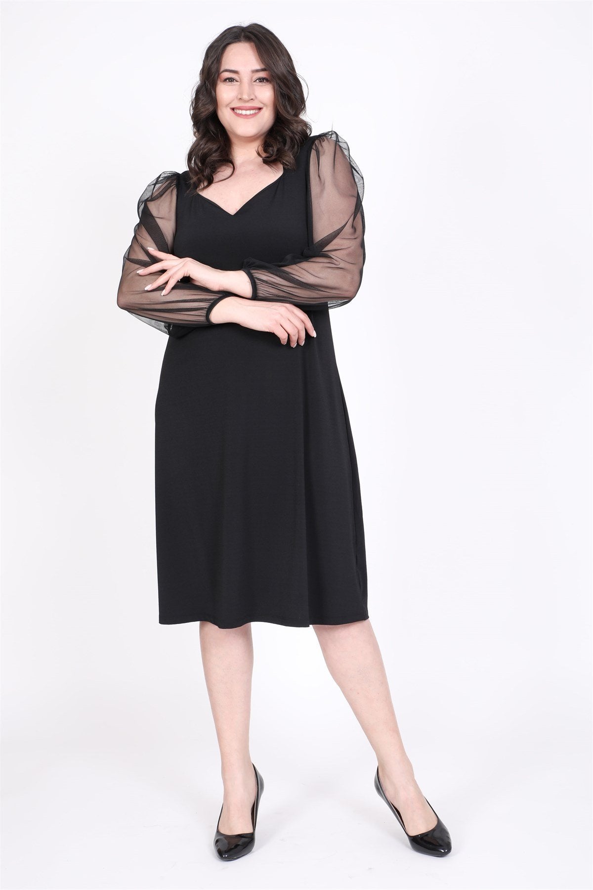 Kare Yaka Tül Prenses Kollu Elbise