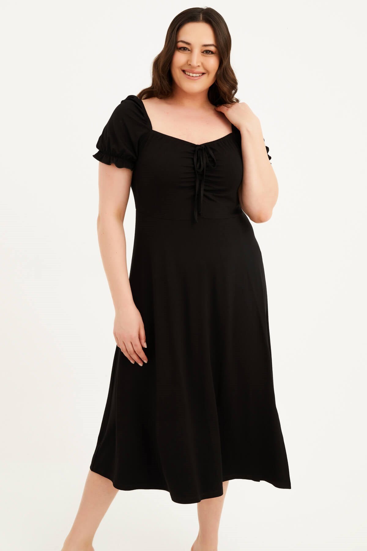 Kare Yaka Yırtmaçlı Penye Elbise