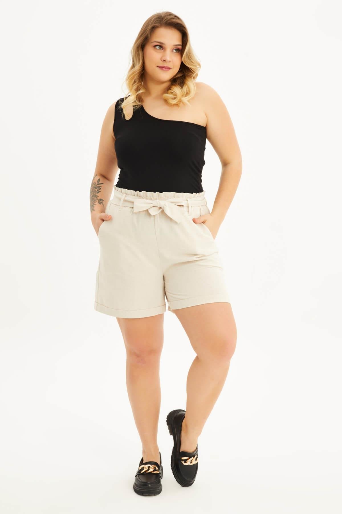 Keten Beli Lastikli ve Kuşaklı Şort