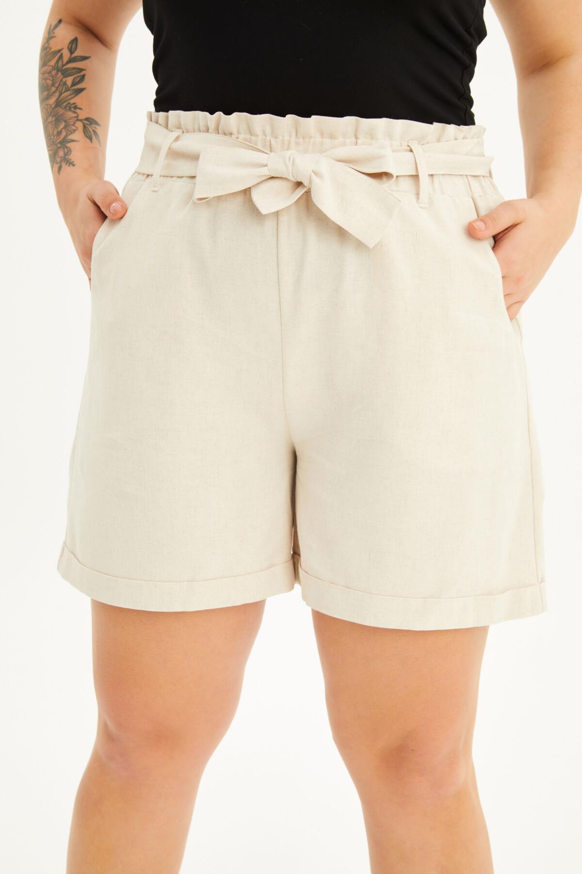 Keten Beli Lastikli ve Kuşaklı Şort