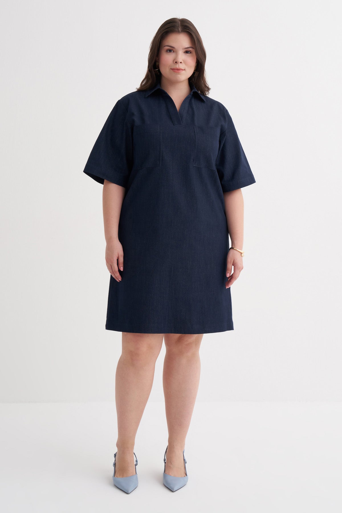 Kısa Kollu Cepli Denim Elbise