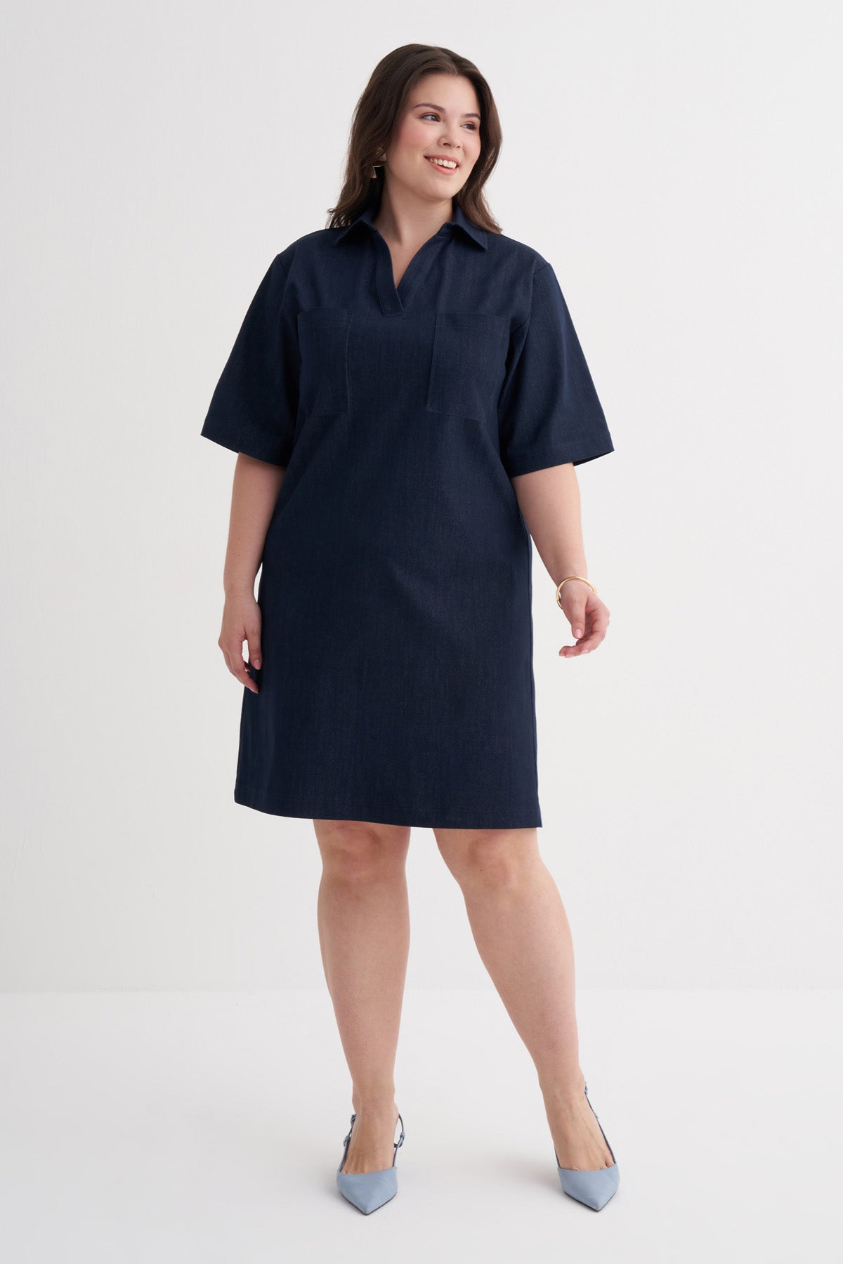 Kısa Kollu Cepli Denim Elbise