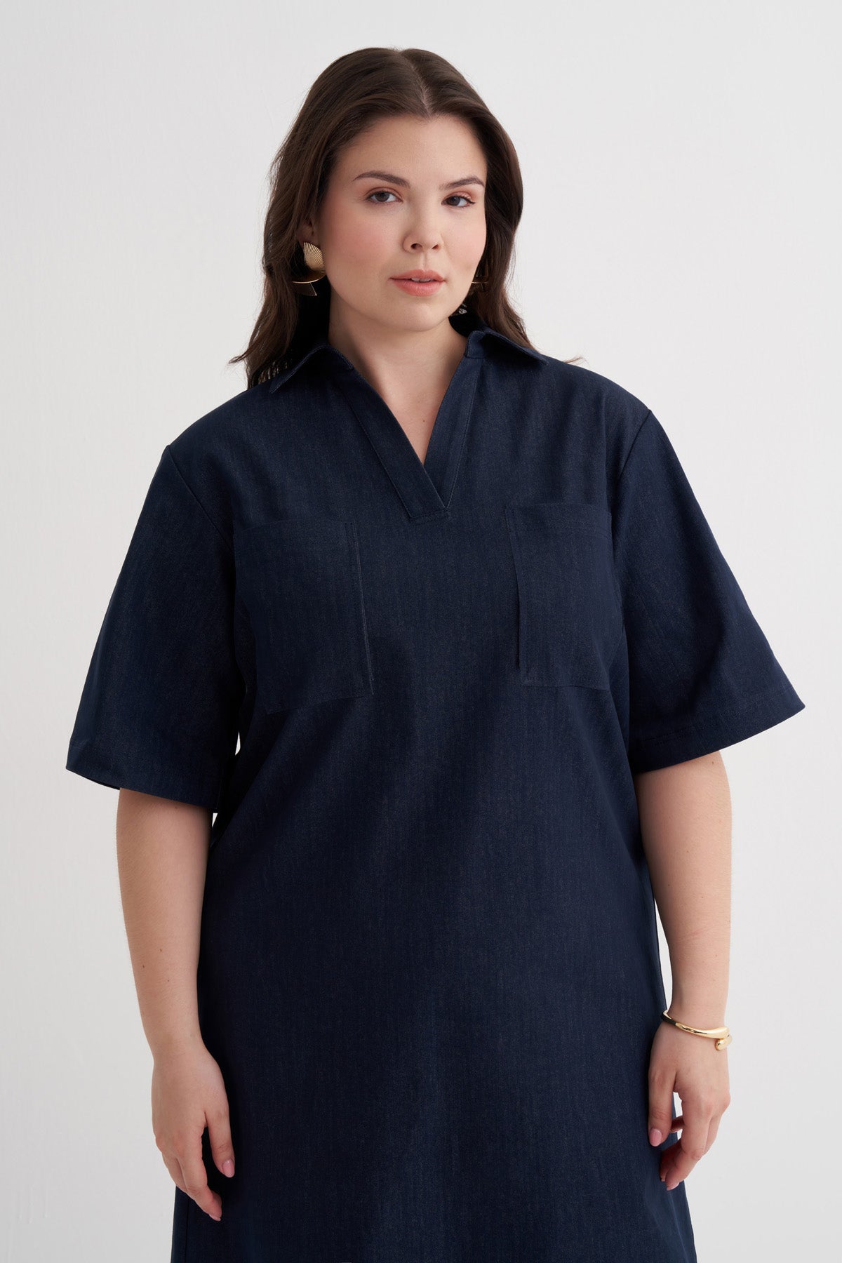 Kısa Kollu Cepli Denim Elbise