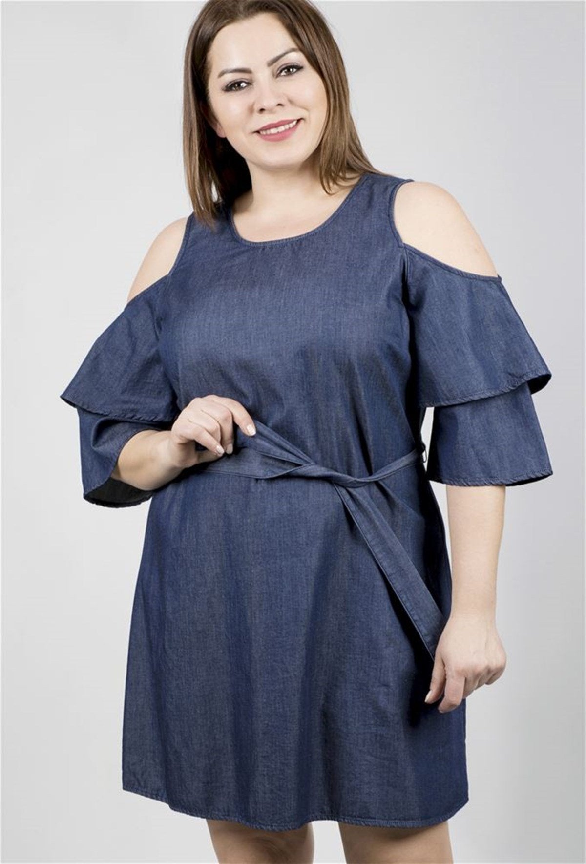 Kolları Çerçeveli Denim Elbise