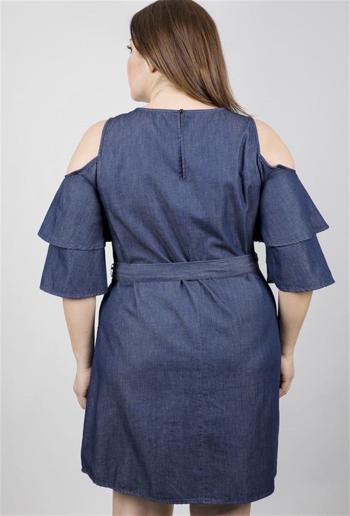 Kolları Çerçeveli Denim Elbise