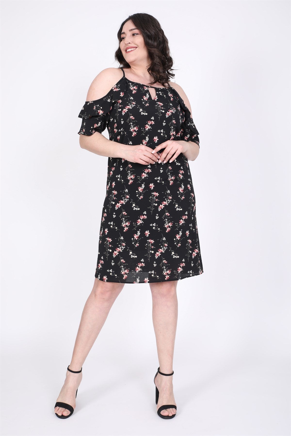 Kolları Pencereli Fırfırlı Elbise