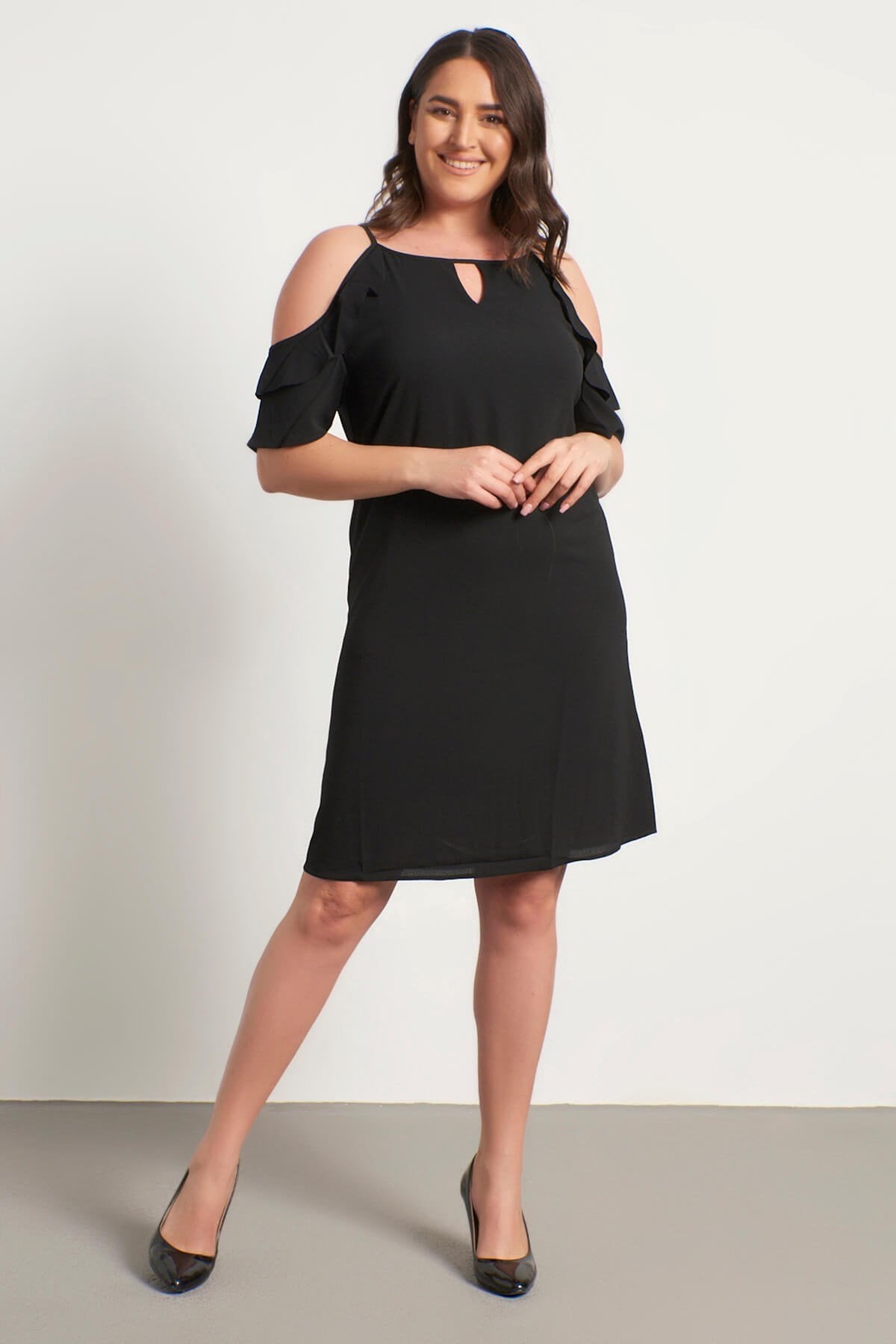 Kolları Pencereli Fırfırlı Elbise