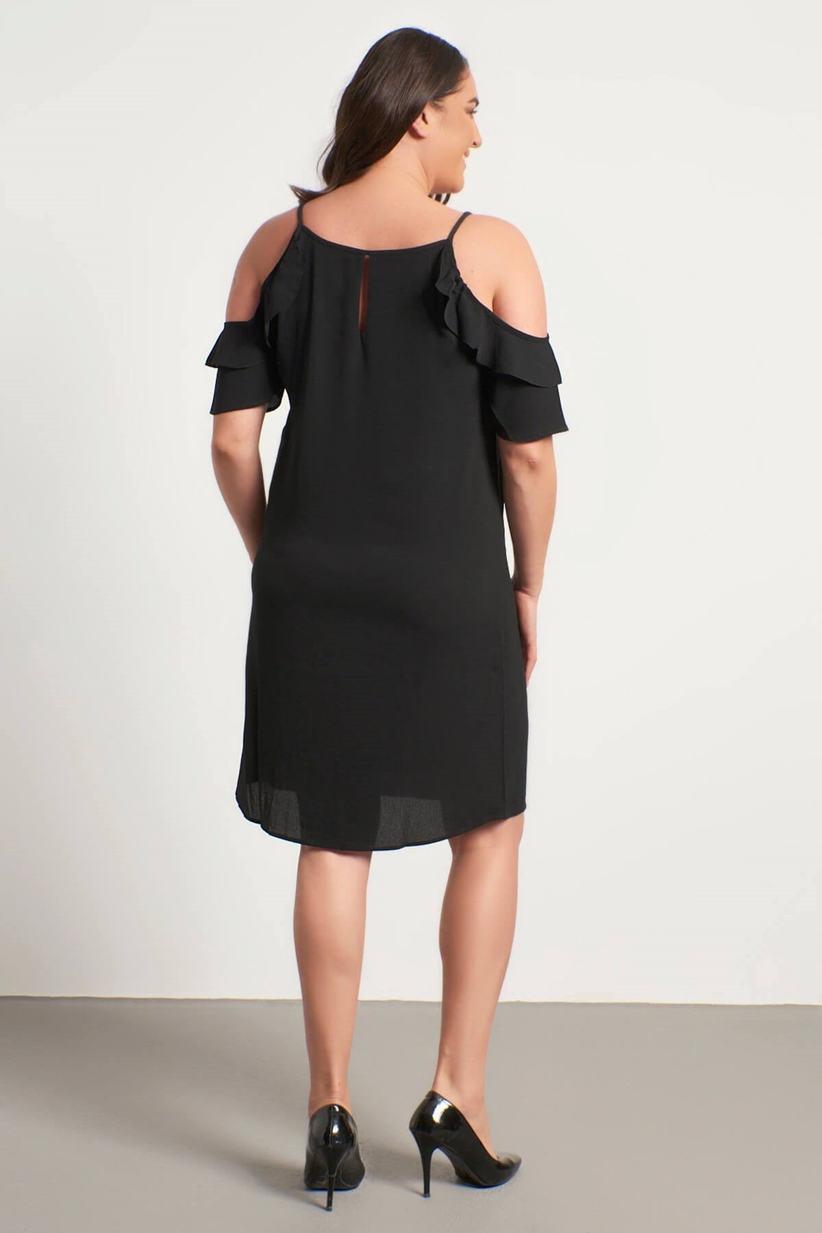 Kolları Pencereli Fırfırlı Elbise