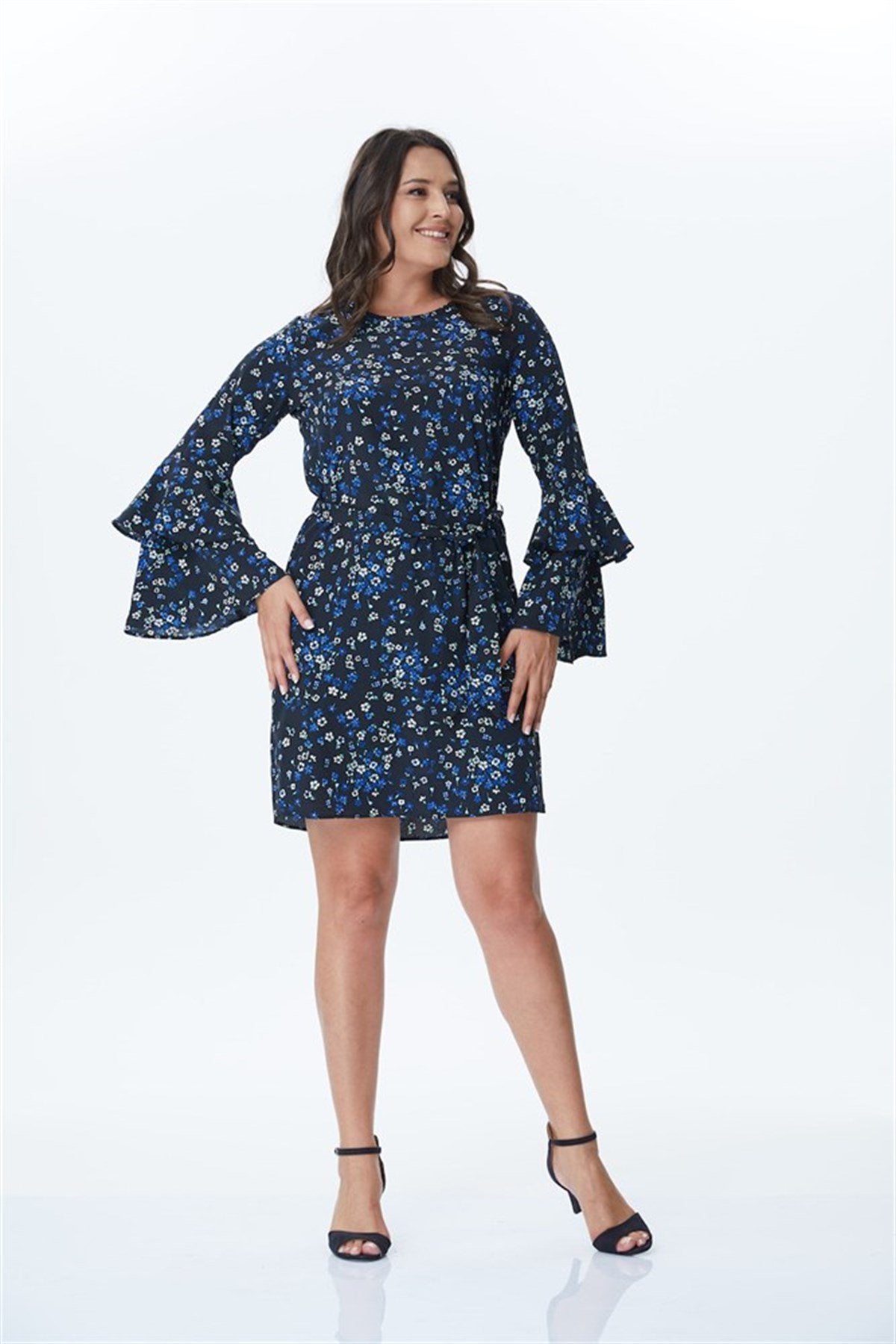 Kolları Volanlı Çiçekli Elbise