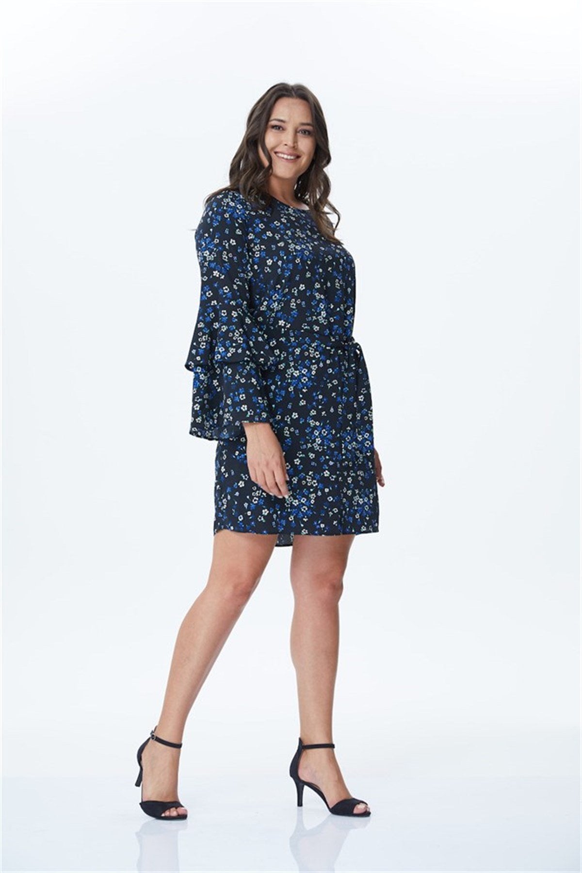 Kolları Volanlı Çiçekli Elbise