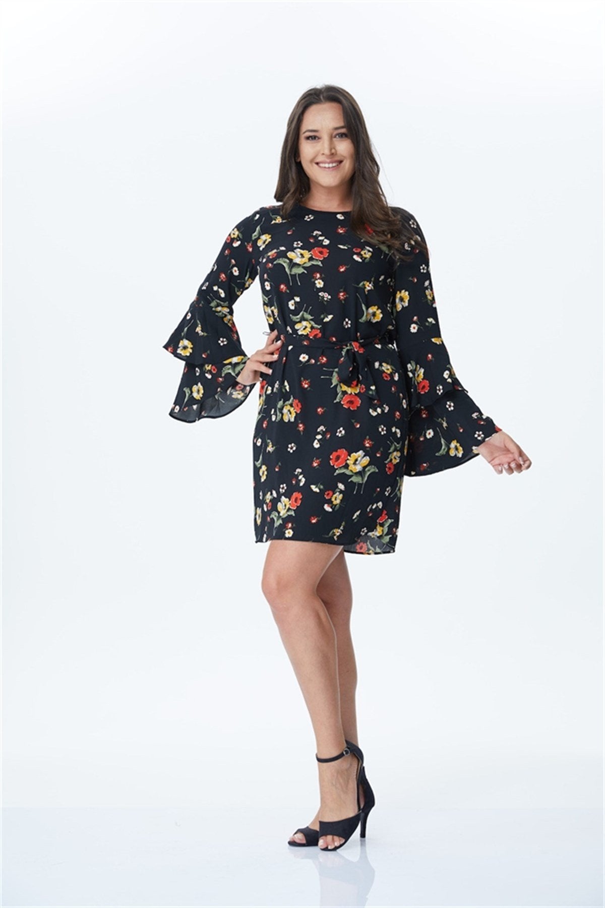 Kolları Volanlı Çiçekli Elbise